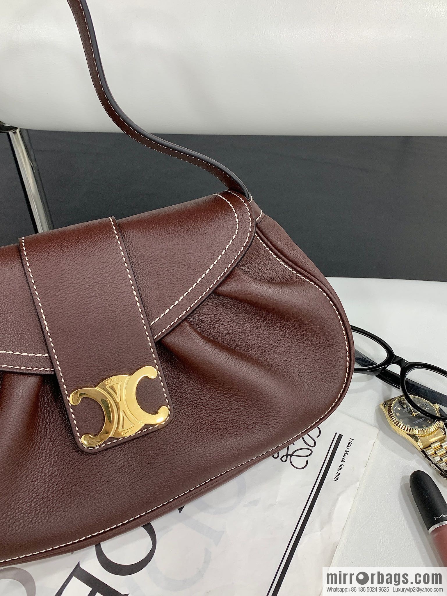 CELINE POLLY Medium soft cow leather (fabric) handbag 115633 jujube red