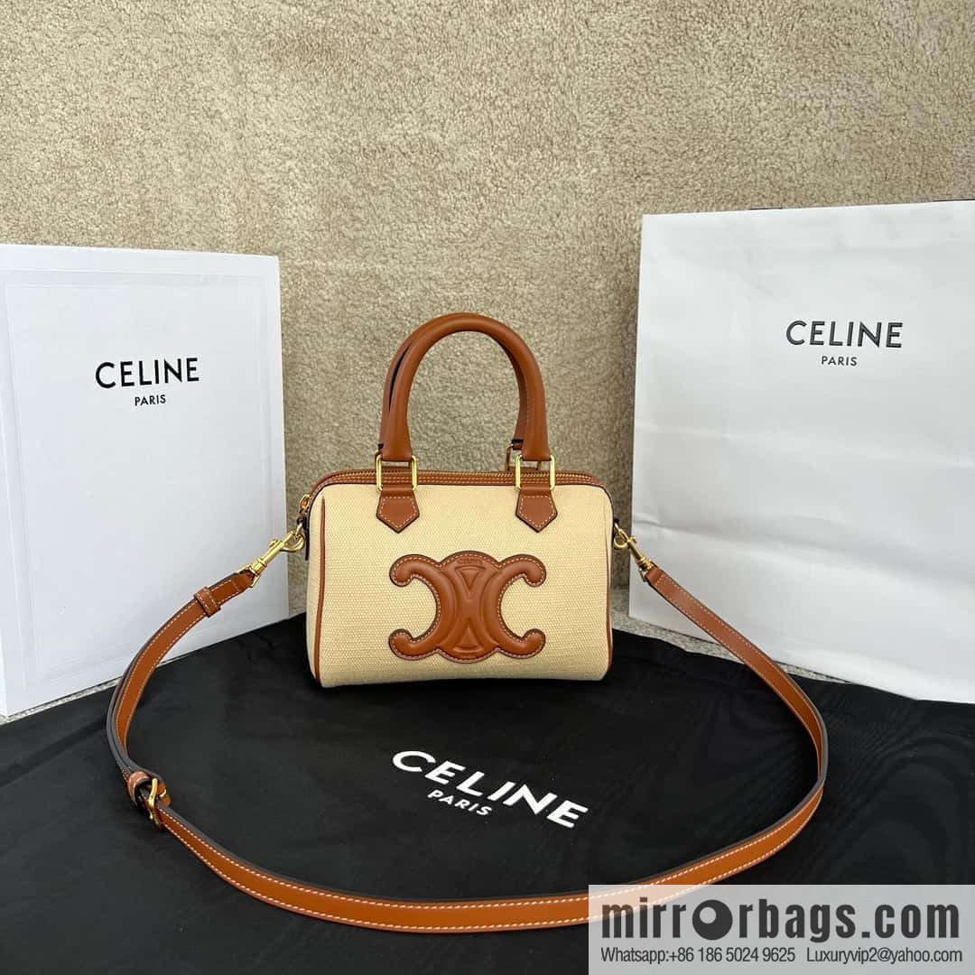 CELINE TRIOMPHE CANVAS Small logo woven cow leather (fabric) Boston bag 113773 linen/brown