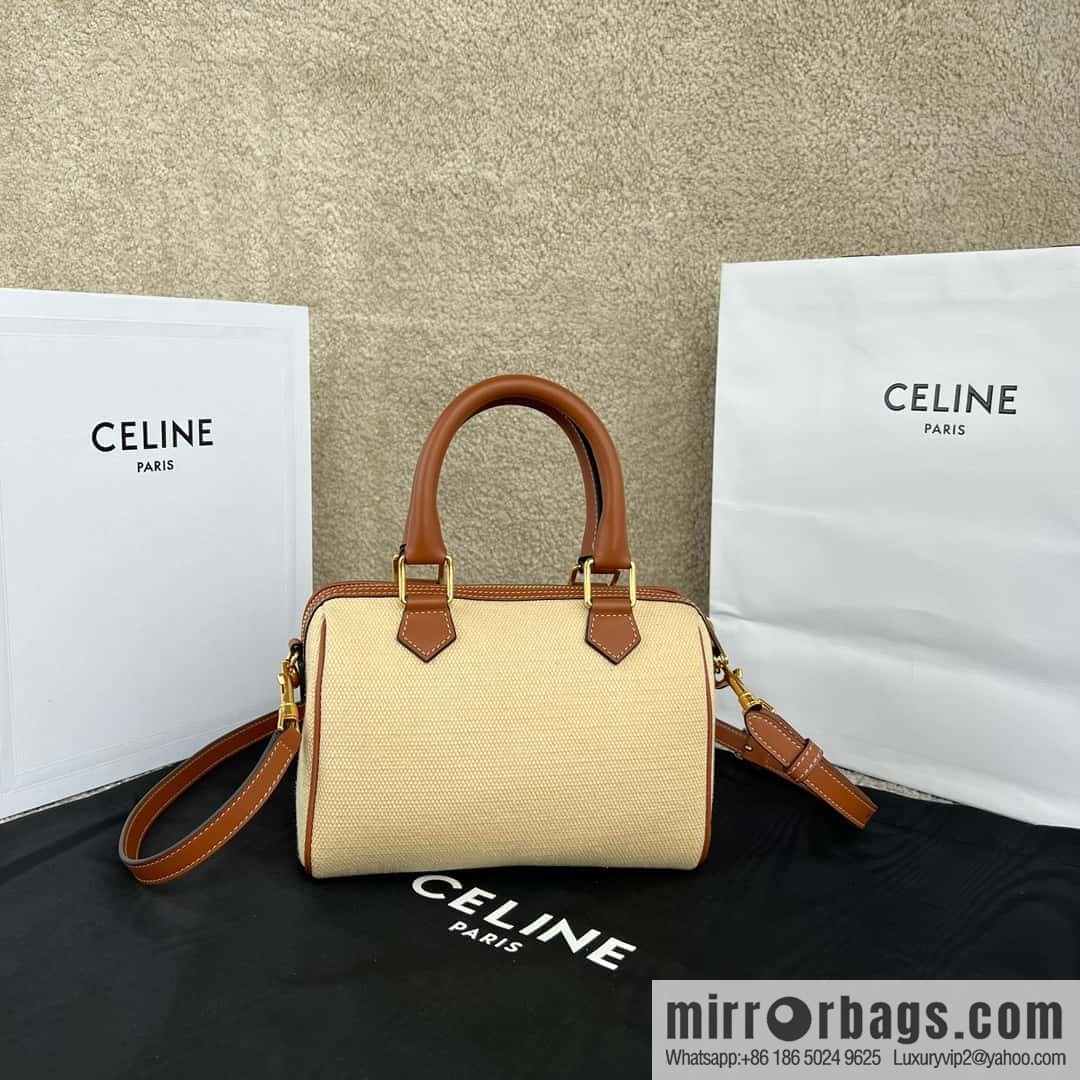 CELINE TRIOMPHE CANVAS Small logo woven cow leather (fabric) Boston bag 113773 linen/brown