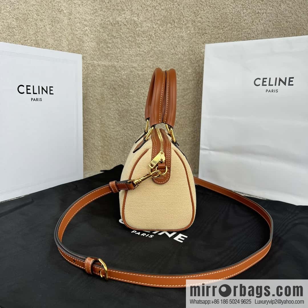 CELINE TRIOMPHE CANVAS Small logo woven cow leather (fabric) Boston bag 113773 linen/brown