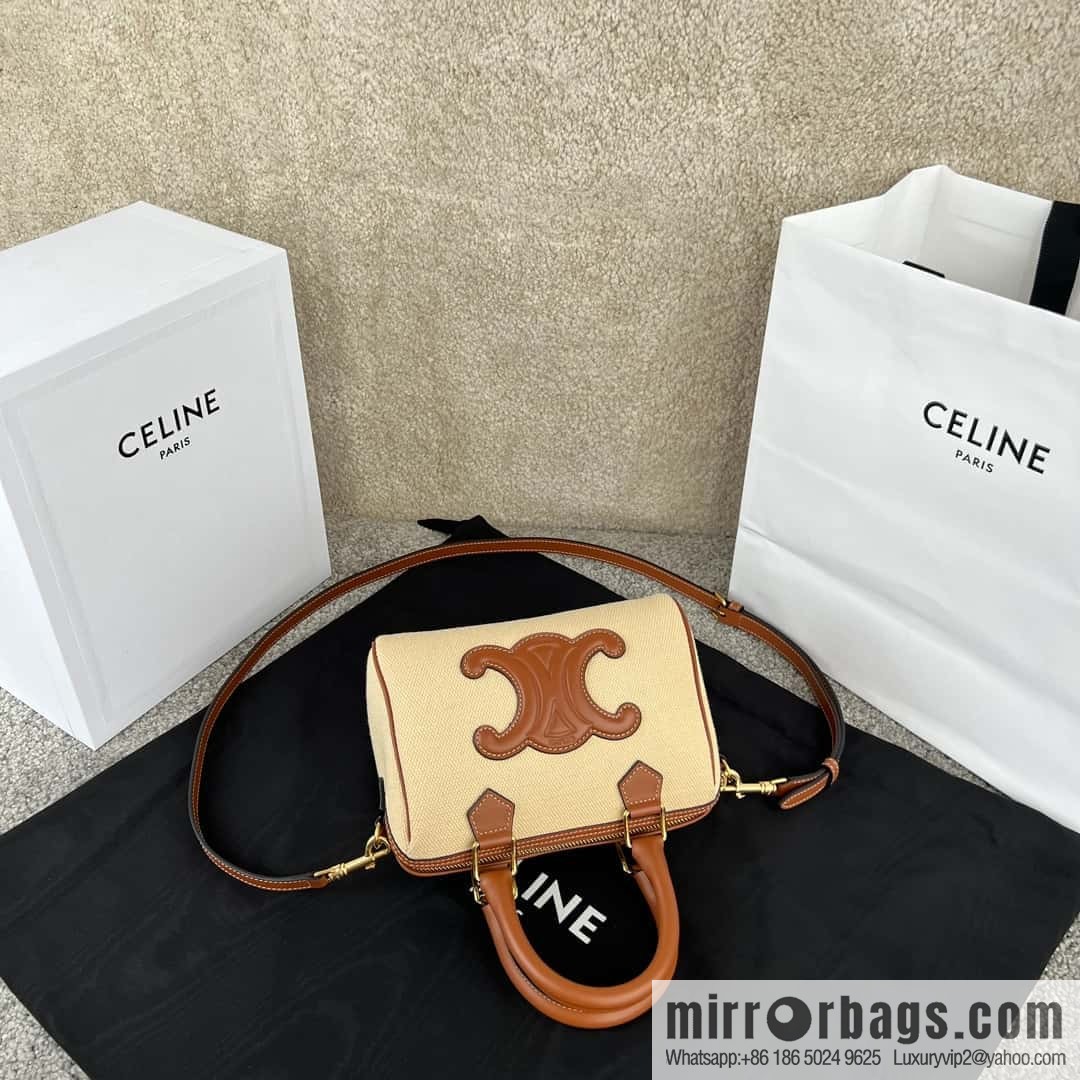 CELINE TRIOMPHE CANVAS Small logo woven cow leather (fabric) Boston bag 113773 linen/brown