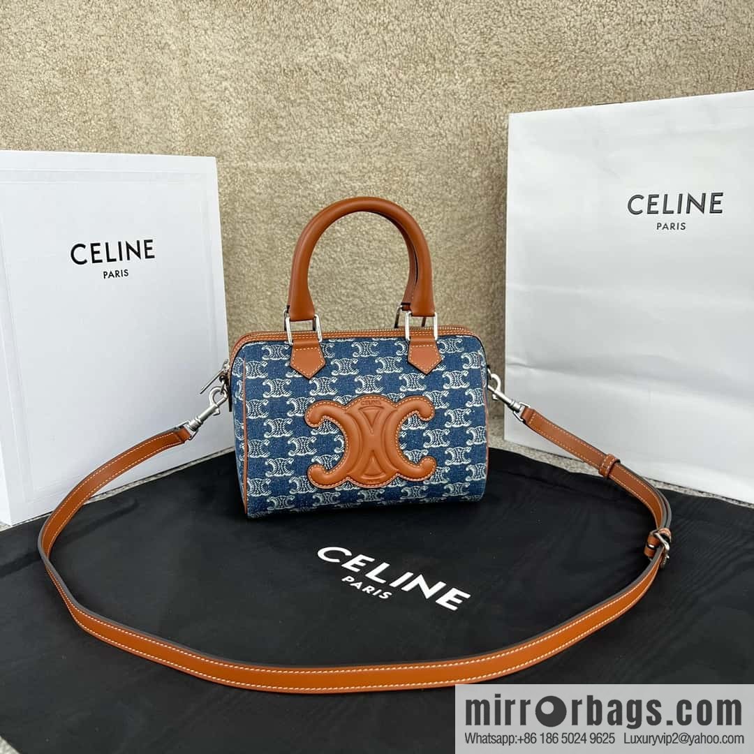 CELINE TRIOMPHE CANVAS S logo woven cow leather (fabric) Boston bag 113773 denim/brown