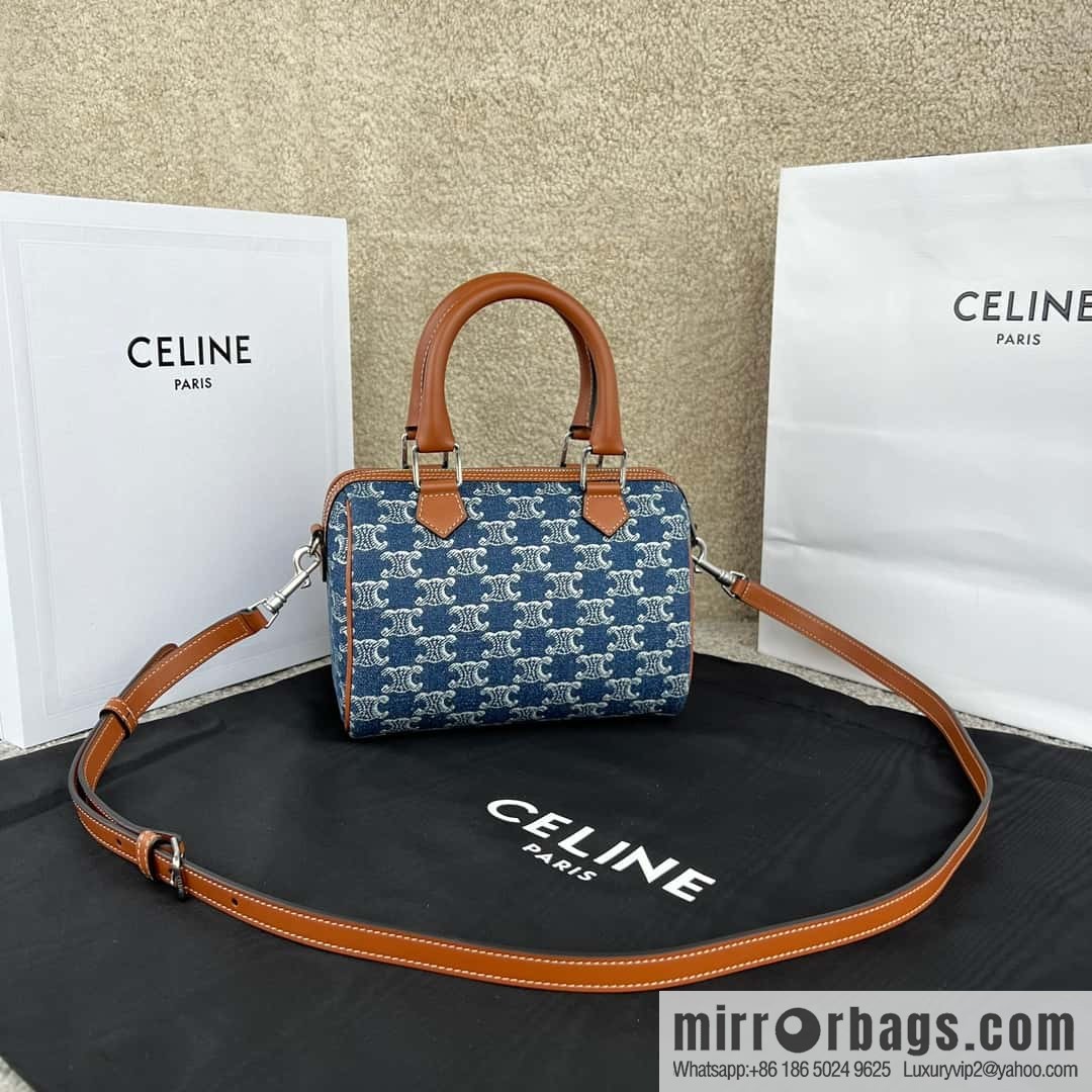 CELINE TRIOMPHE CANVAS S logo woven cow leather (fabric) Boston bag 113773 denim/brown