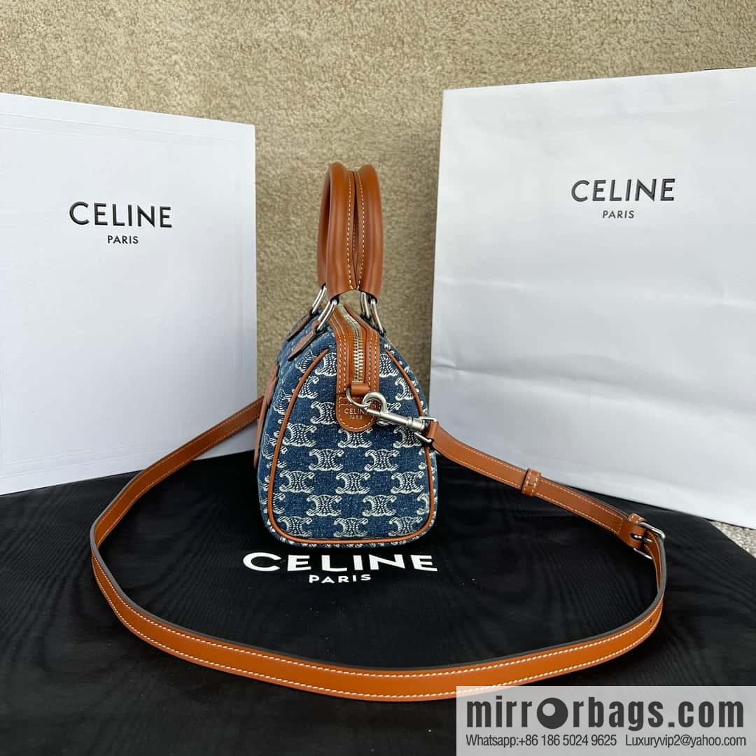 CELINE TRIOMPHE CANVAS S logo woven cow leather (fabric) Boston bag 113773 denim/brown