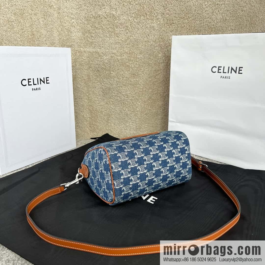 CELINE TRIOMPHE CANVAS S logo woven cow leather (fabric) Boston bag 113773 denim/brown