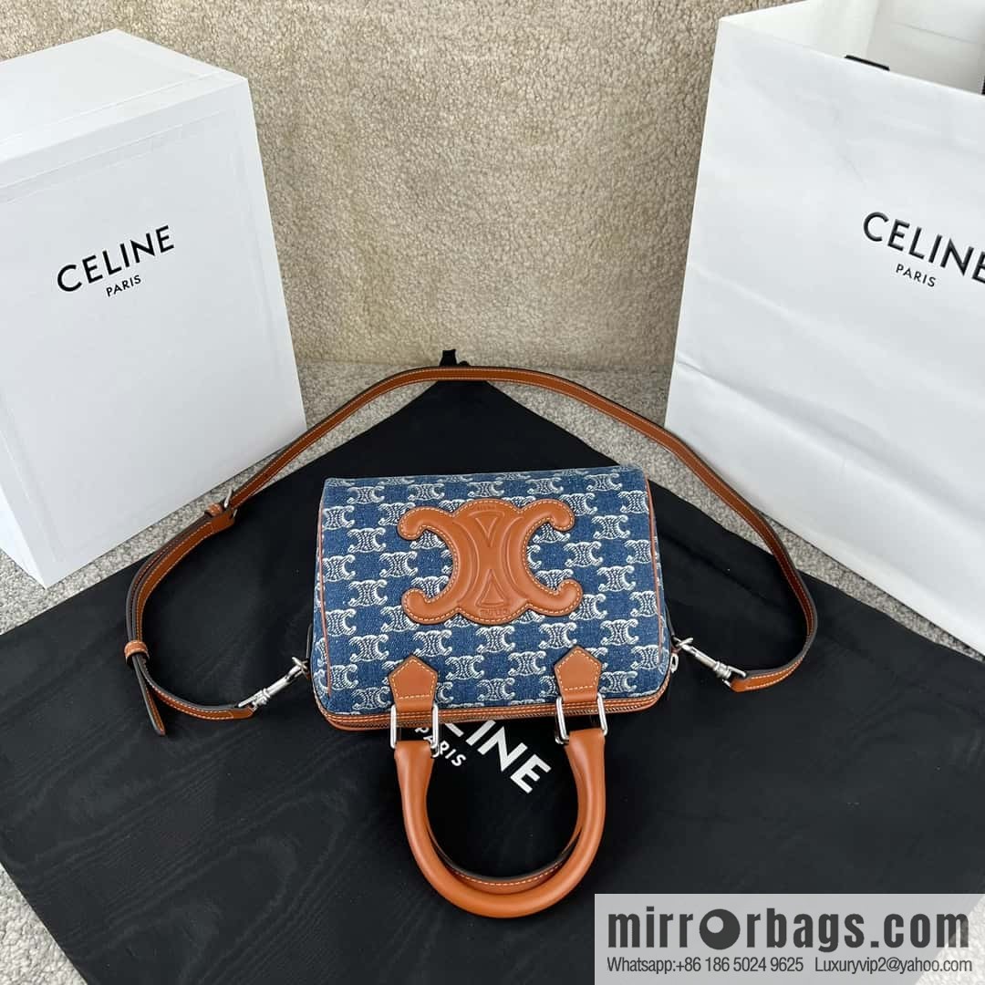 CELINE TRIOMPHE CANVAS S logo woven cow leather (fabric) Boston bag 113773 denim/brown