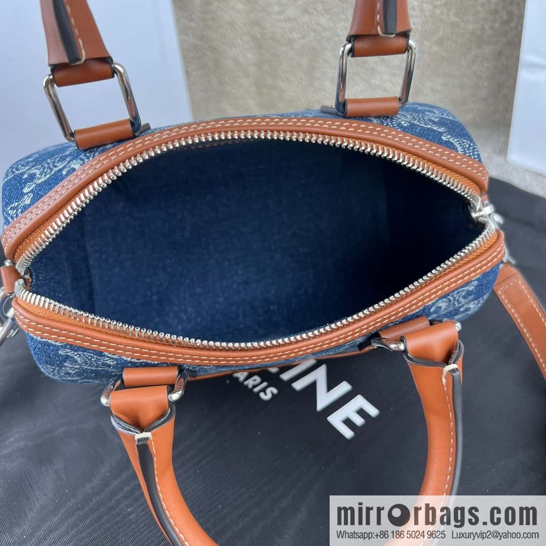 CELINE TRIOMPHE CANVAS S logo woven cow leather (fabric) Boston bag 113773 denim/brown