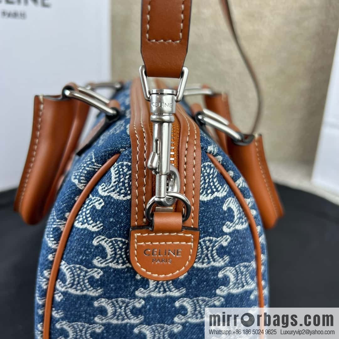 CELINE TRIOMPHE CANVAS S logo woven cow leather (fabric) Boston bag 113773 denim/brown