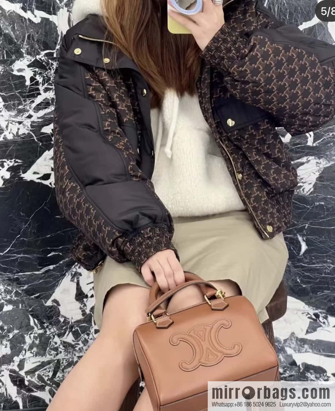 CELINE small smooth cow leather (fabric) Boston bag 113773 brown