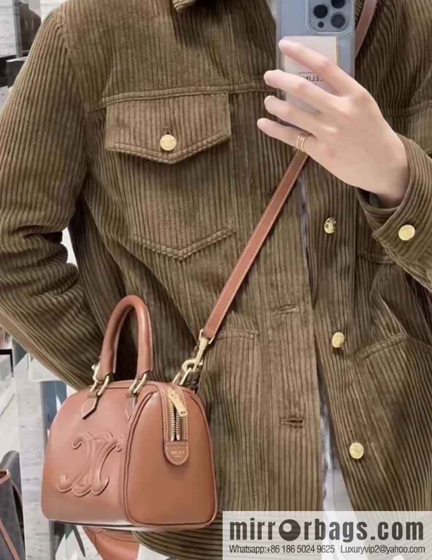 CELINE small smooth cow leather (fabric) Boston bag 113773 brown