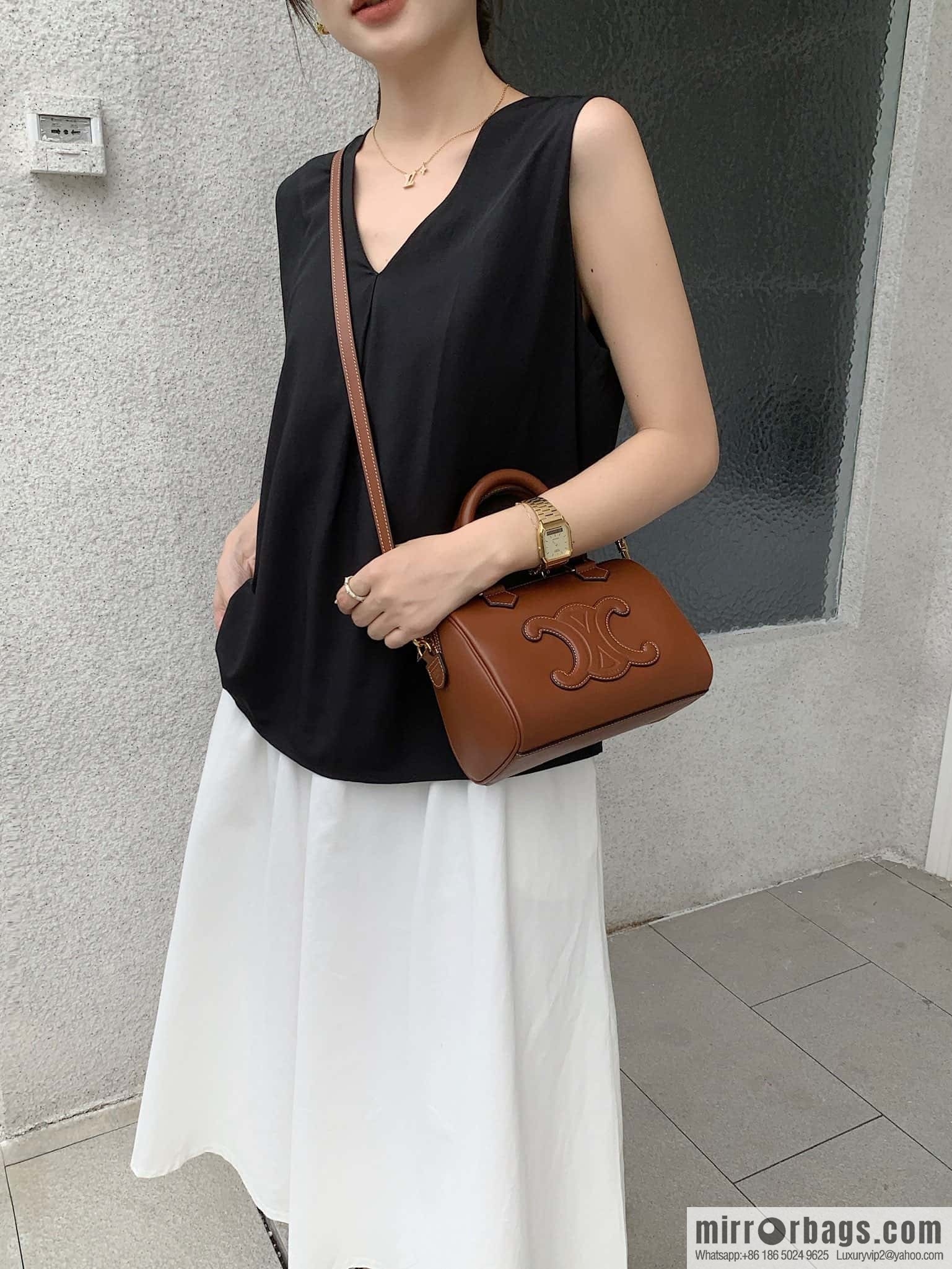 CELINE small smooth cow leather (fabric) Boston bag 113773 brown
