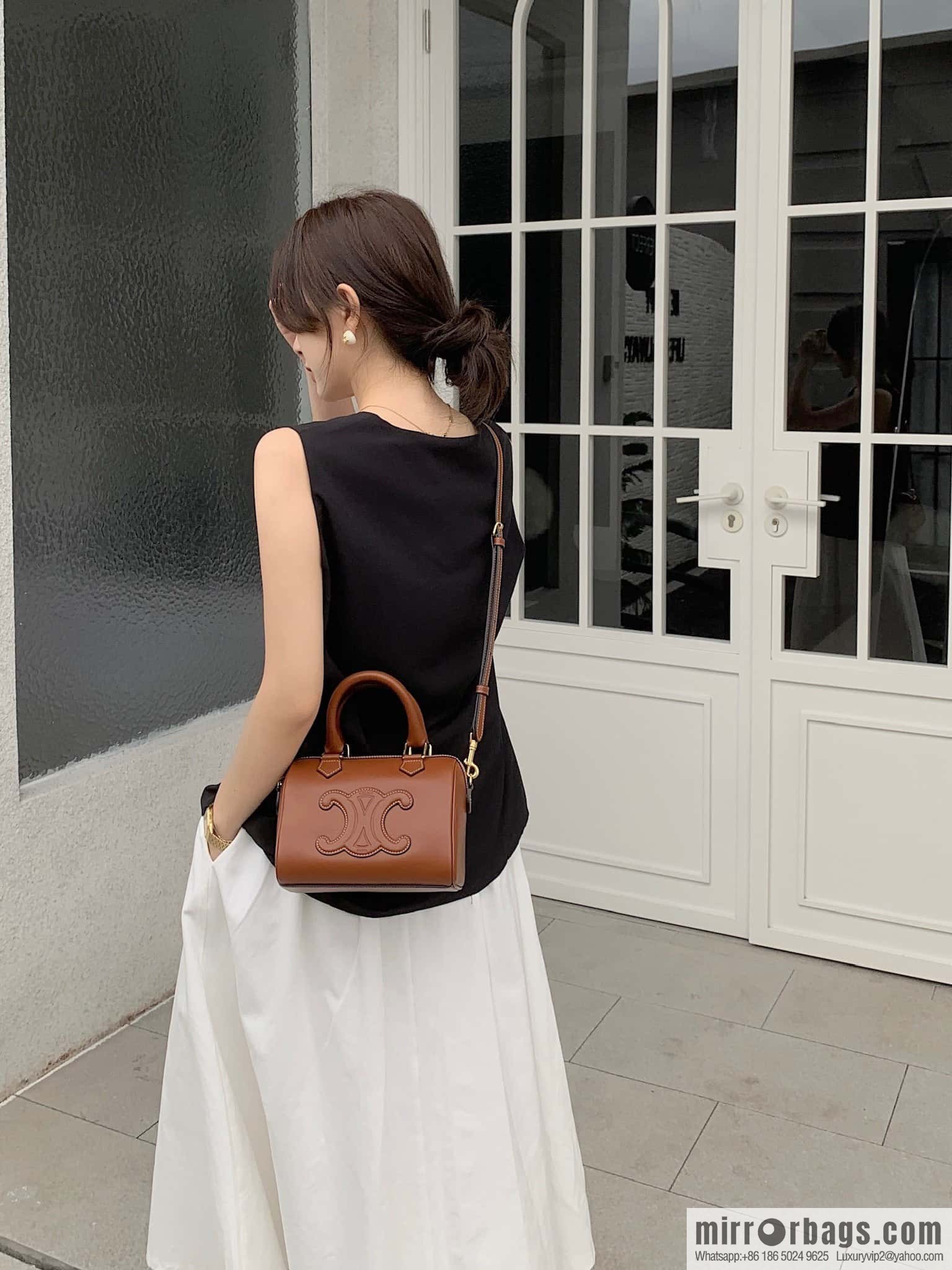 CELINE small smooth cow leather (fabric) Boston bag 113773 brown