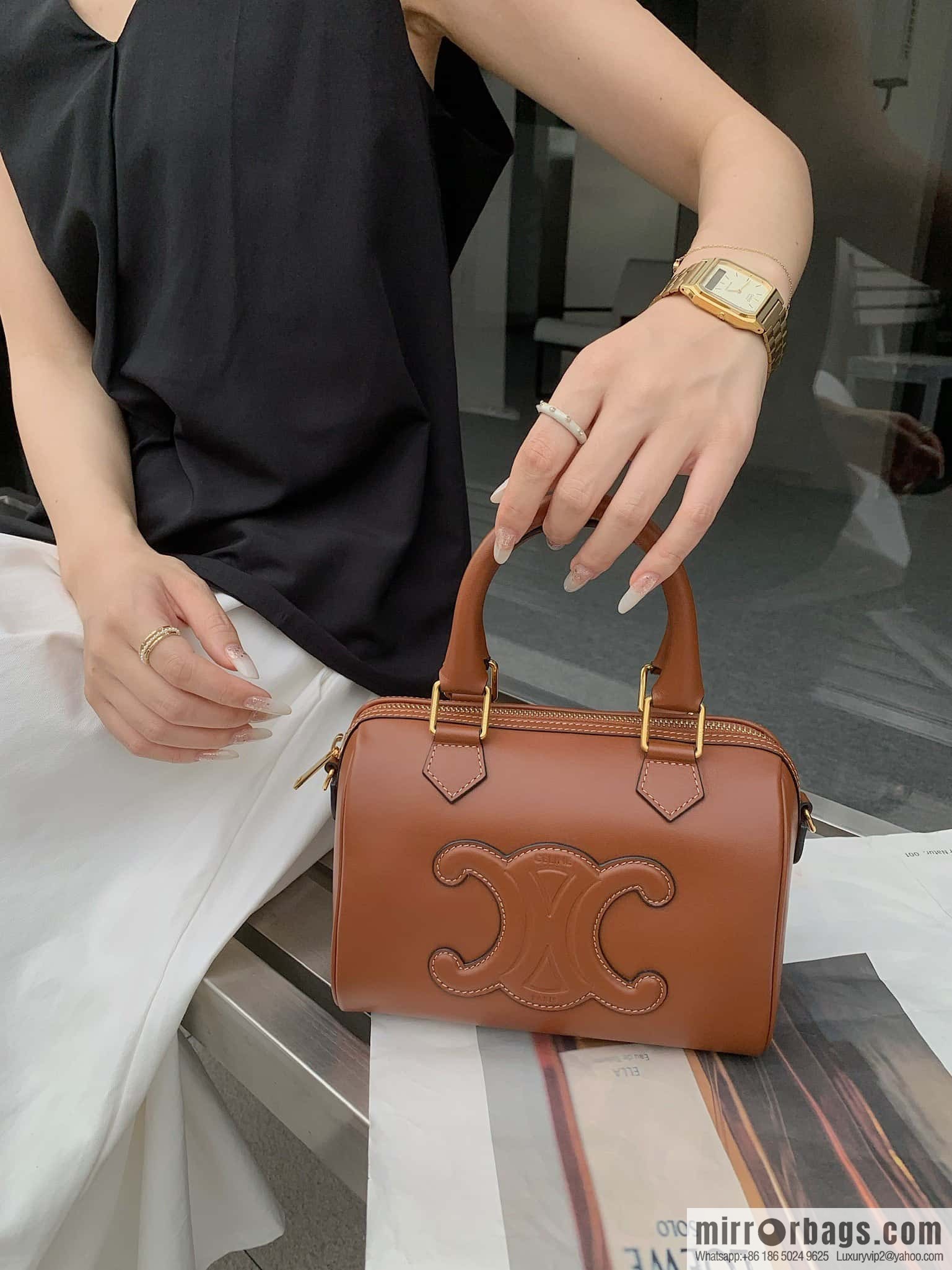 CELINE small smooth cow leather (fabric) Boston bag 113773 brown
