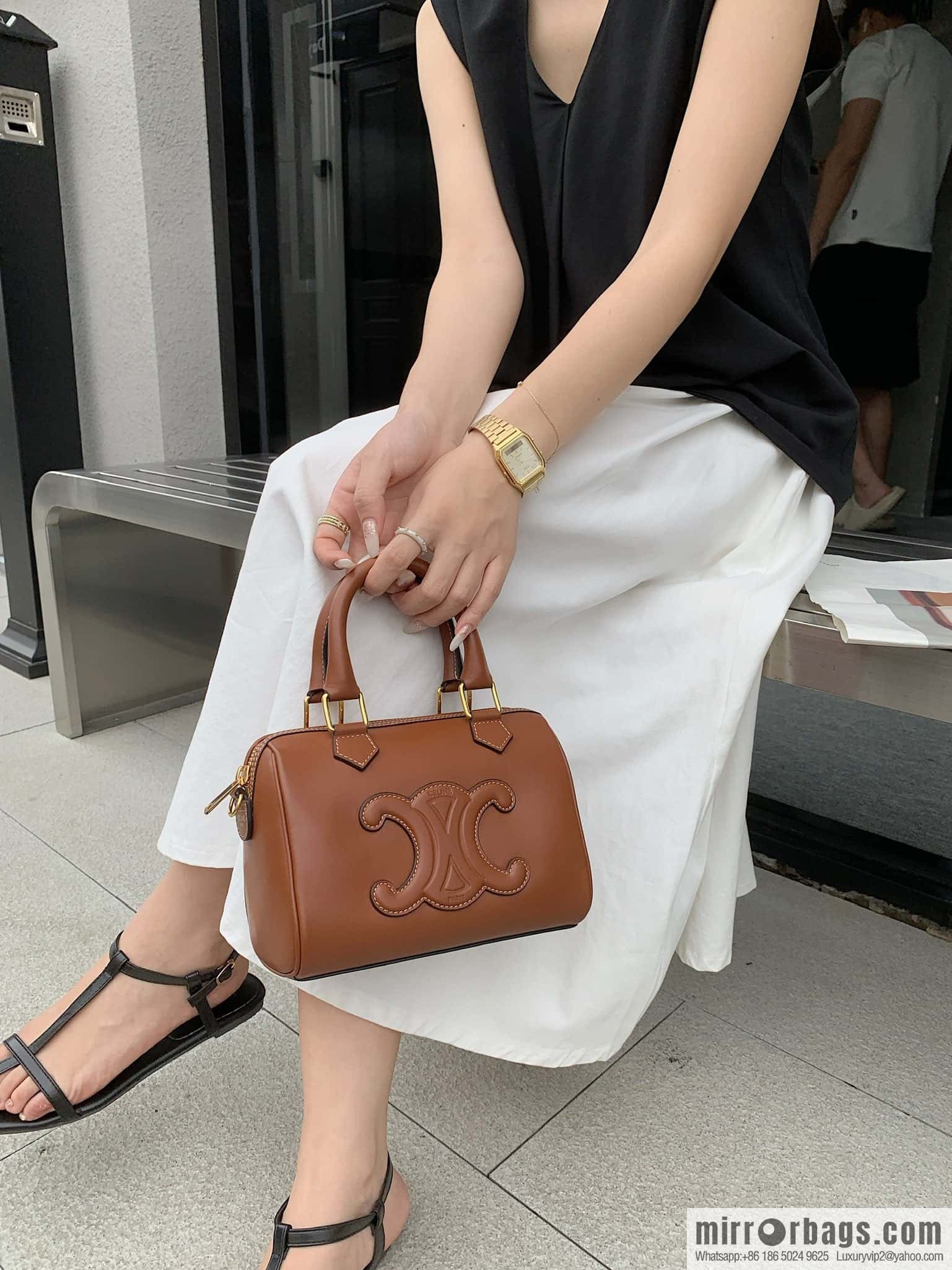 CELINE small smooth cow leather (fabric) Boston bag 113773 brown