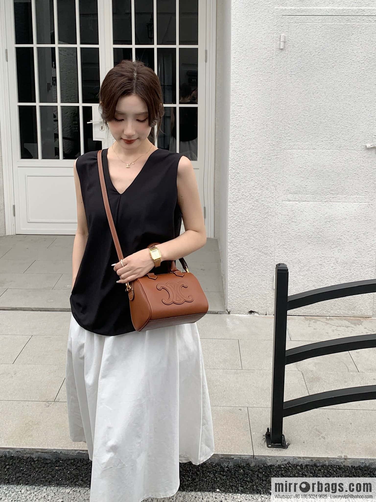 CELINE small smooth cow leather (fabric) Boston bag 113773 brown