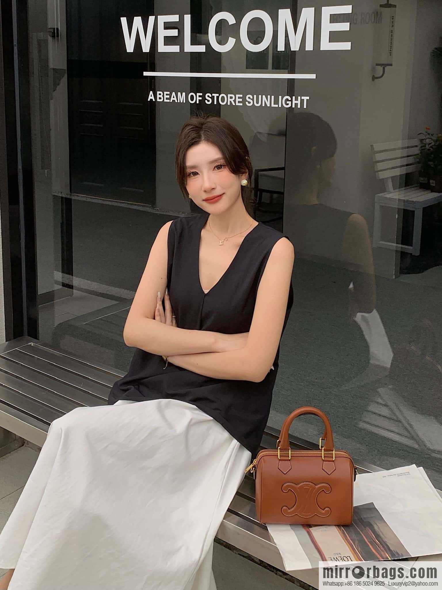 CELINE small smooth cow leather (fabric) Boston bag 113773 brown