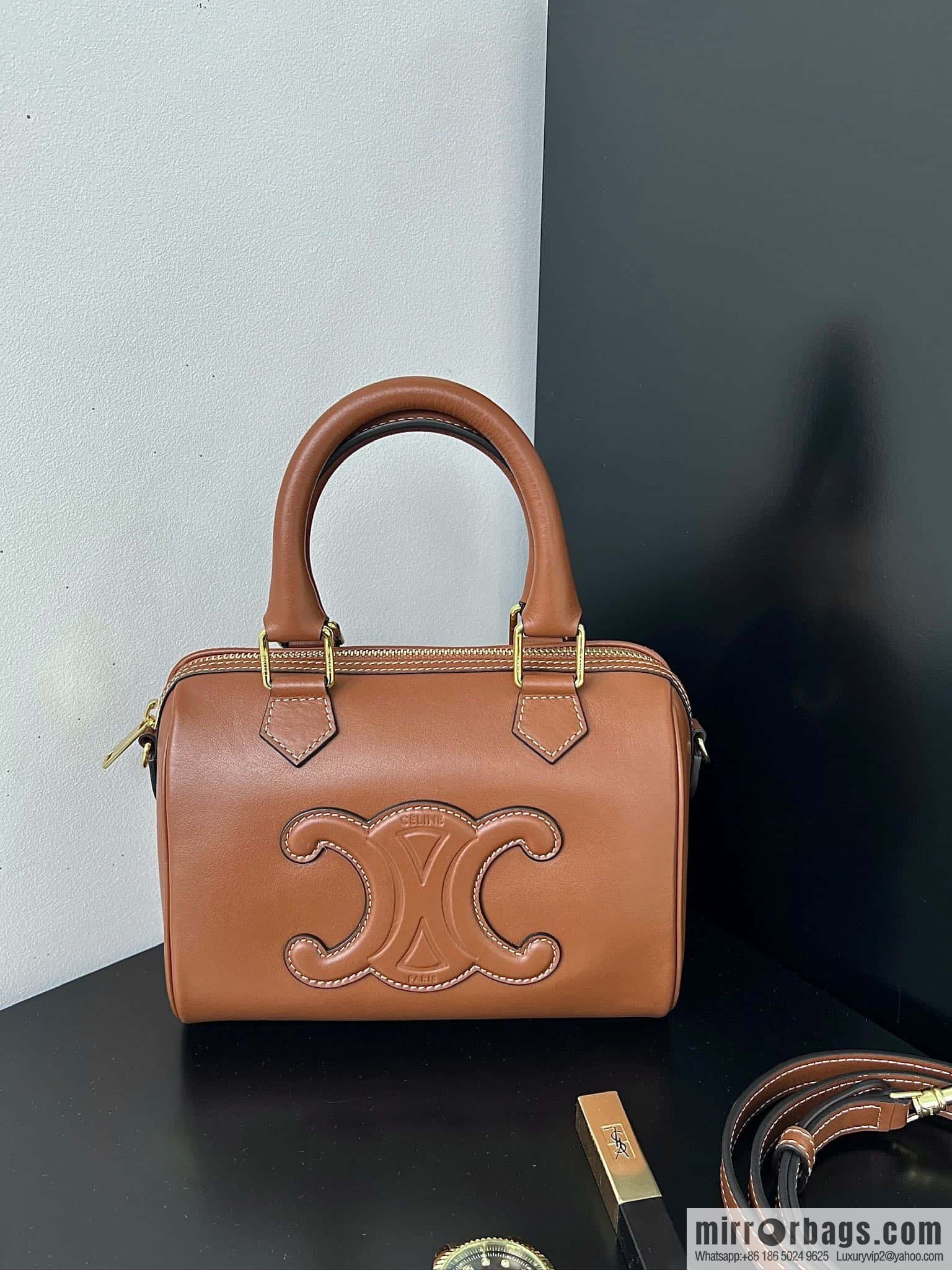 CELINE small smooth cow leather (fabric) Boston bag 113773 brown