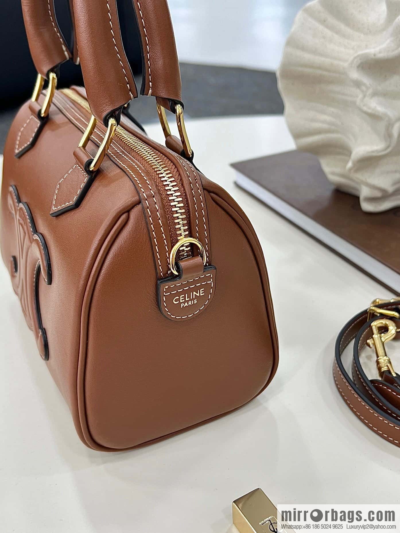 CELINE small smooth cow leather (fabric) Boston bag 113773 brown
