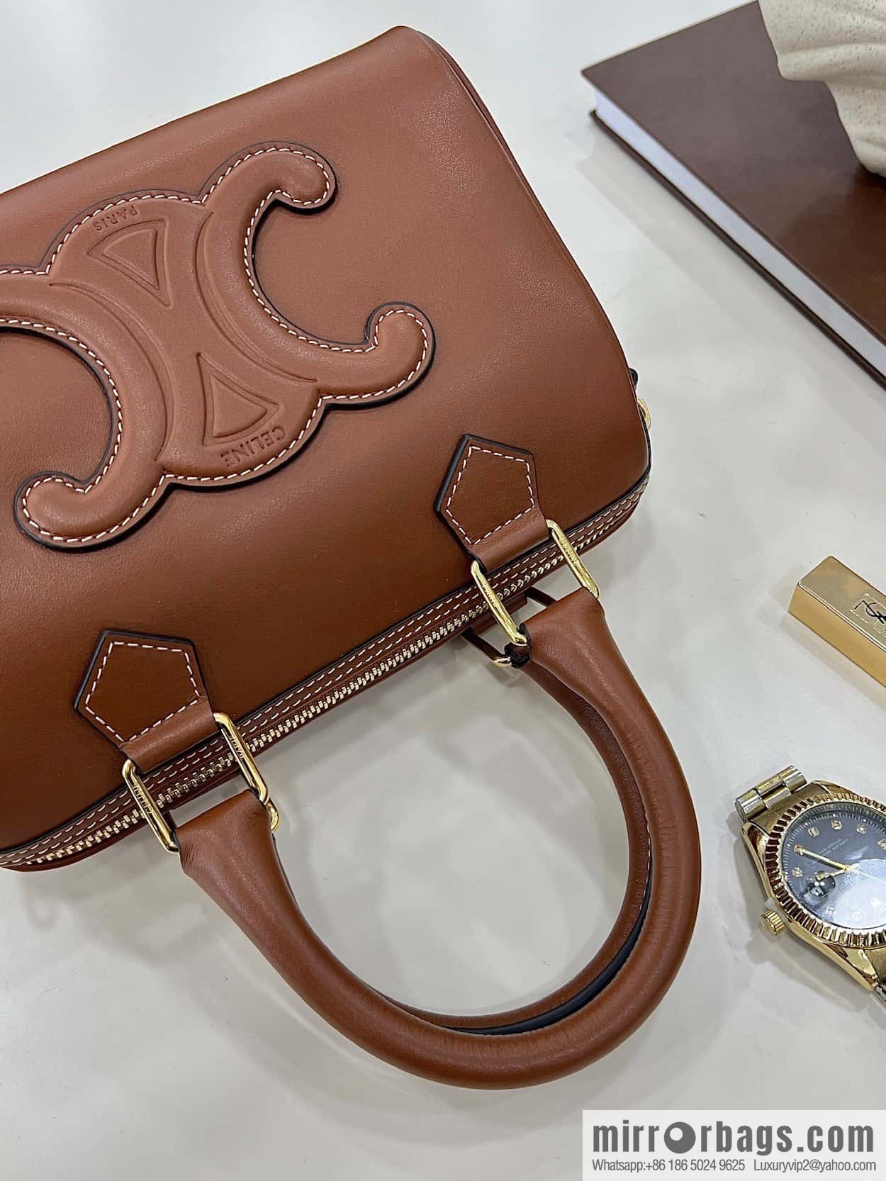 CELINE small smooth cow leather (fabric) Boston bag 113773 brown