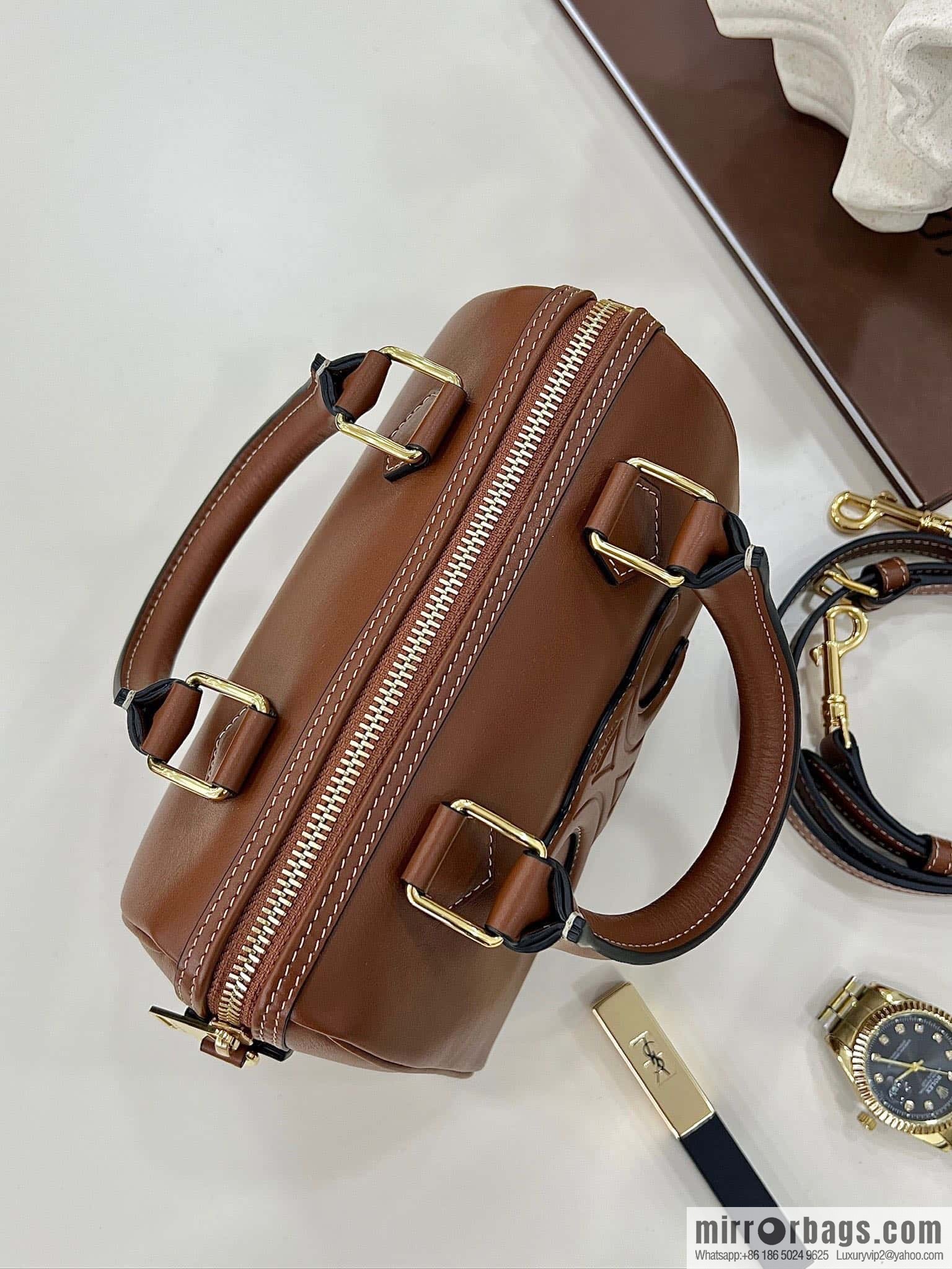 CELINE small smooth cow leather (fabric) Boston bag 113773 brown