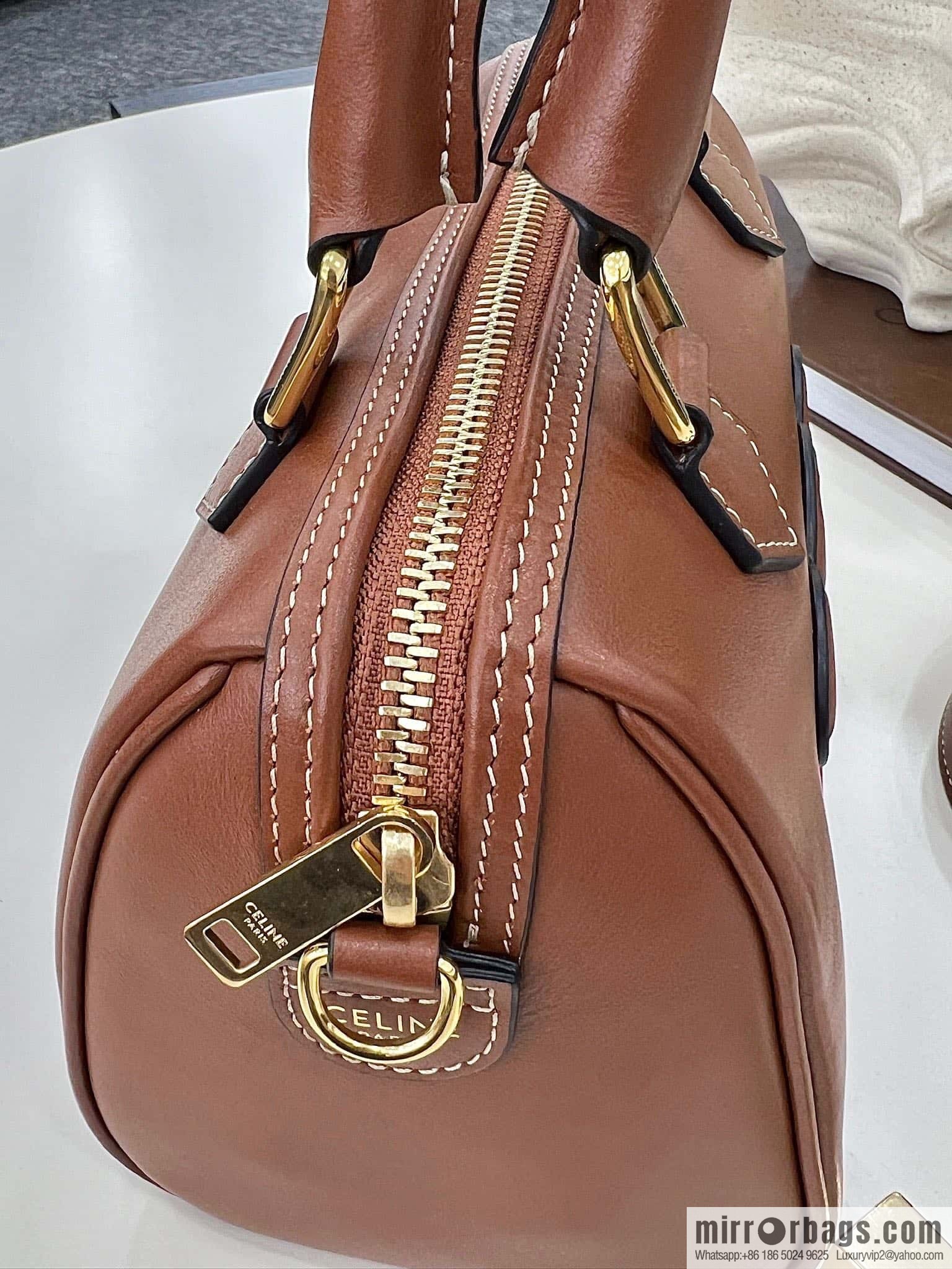 CELINE small smooth cow leather (fabric) Boston bag 113773 brown