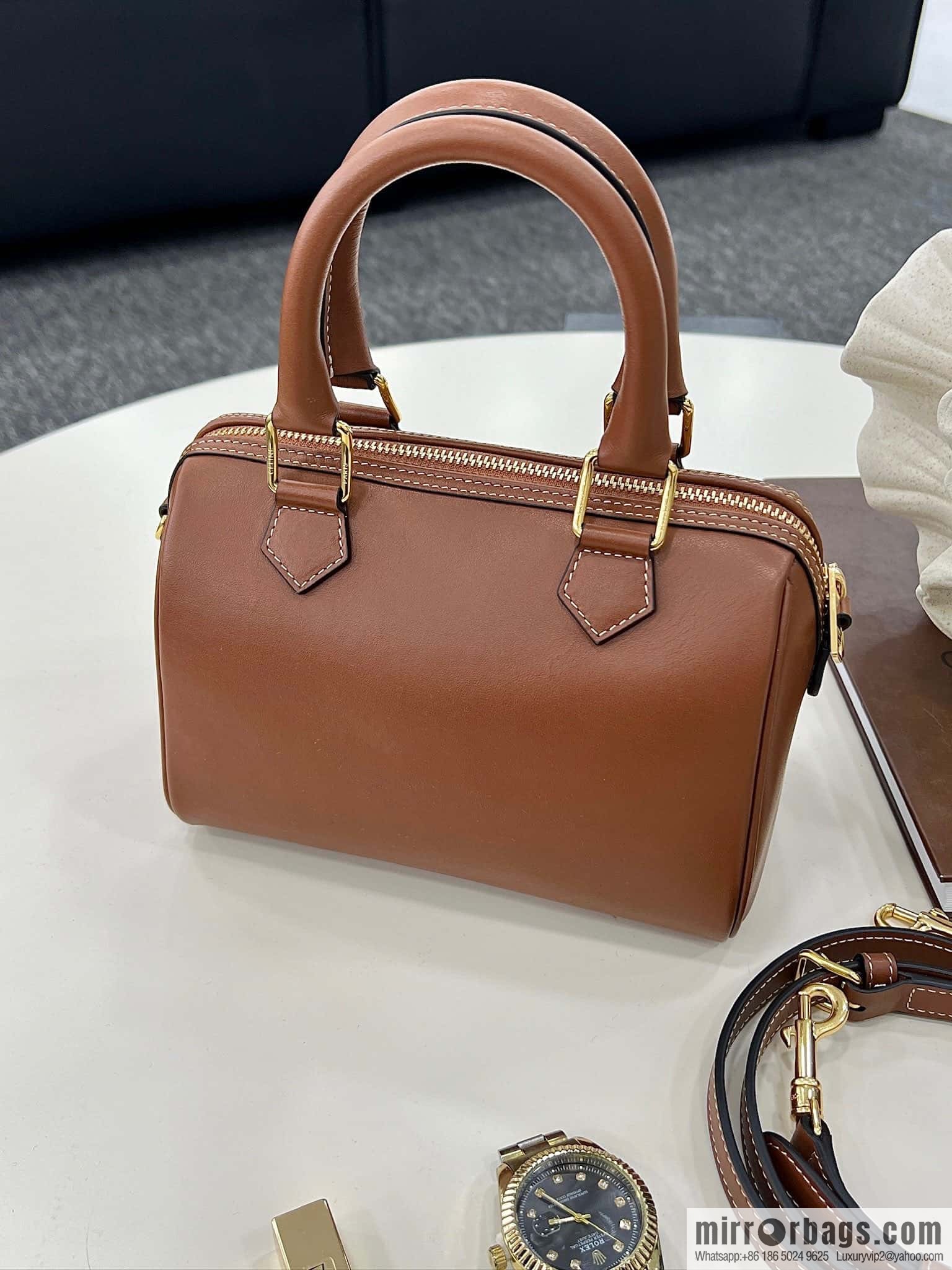 CELINE small smooth cow leather (fabric) Boston bag 113773 brown
