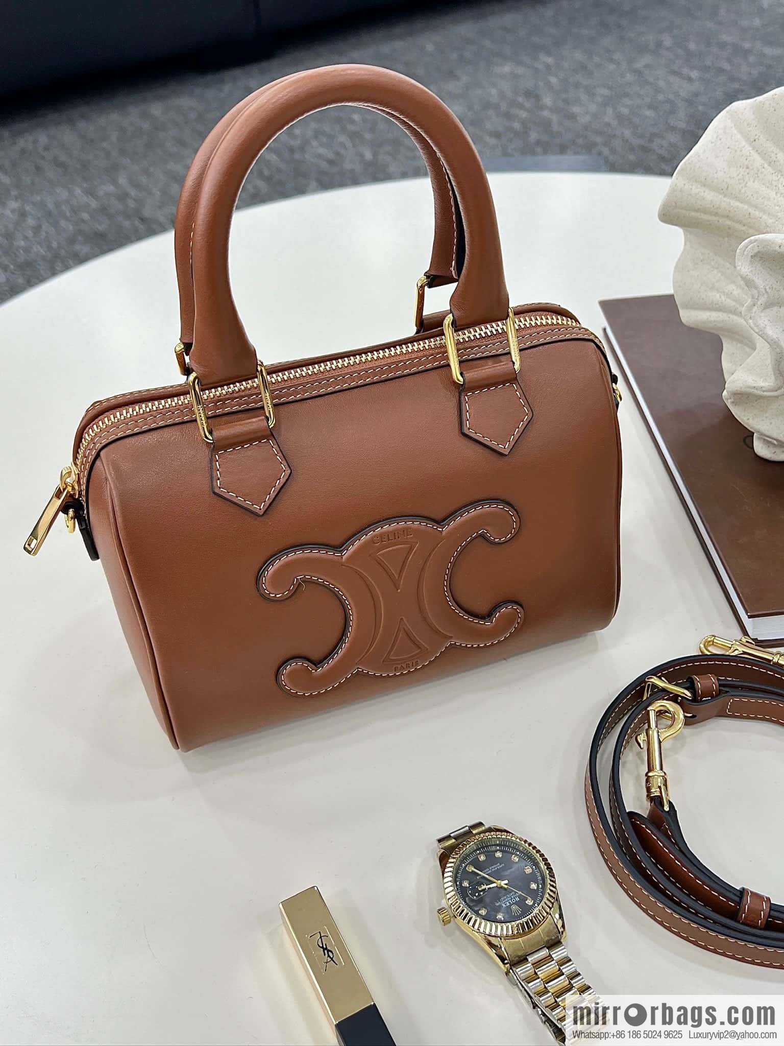 CELINE small smooth cow leather (fabric) Boston bag 113773 brown