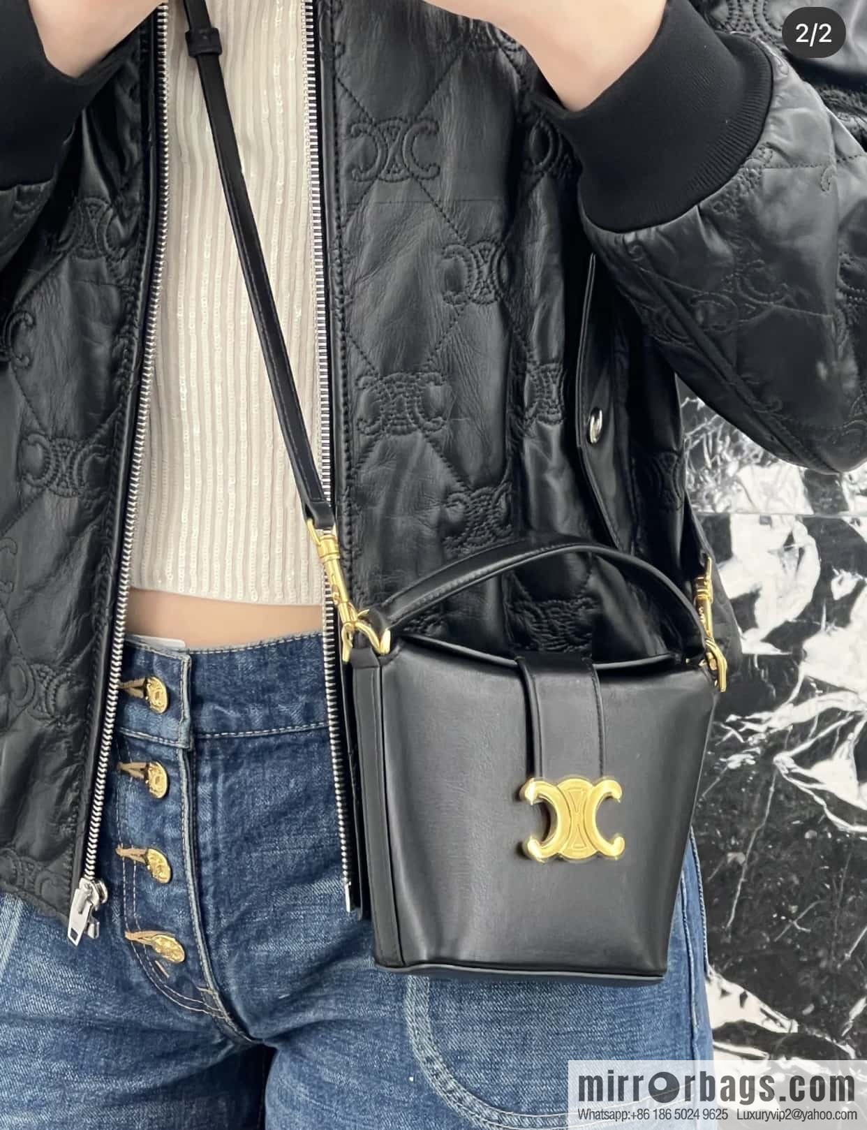CELINE TRIOMPHE mini smooth cow leather (fabric) bucket bag 10K943 black