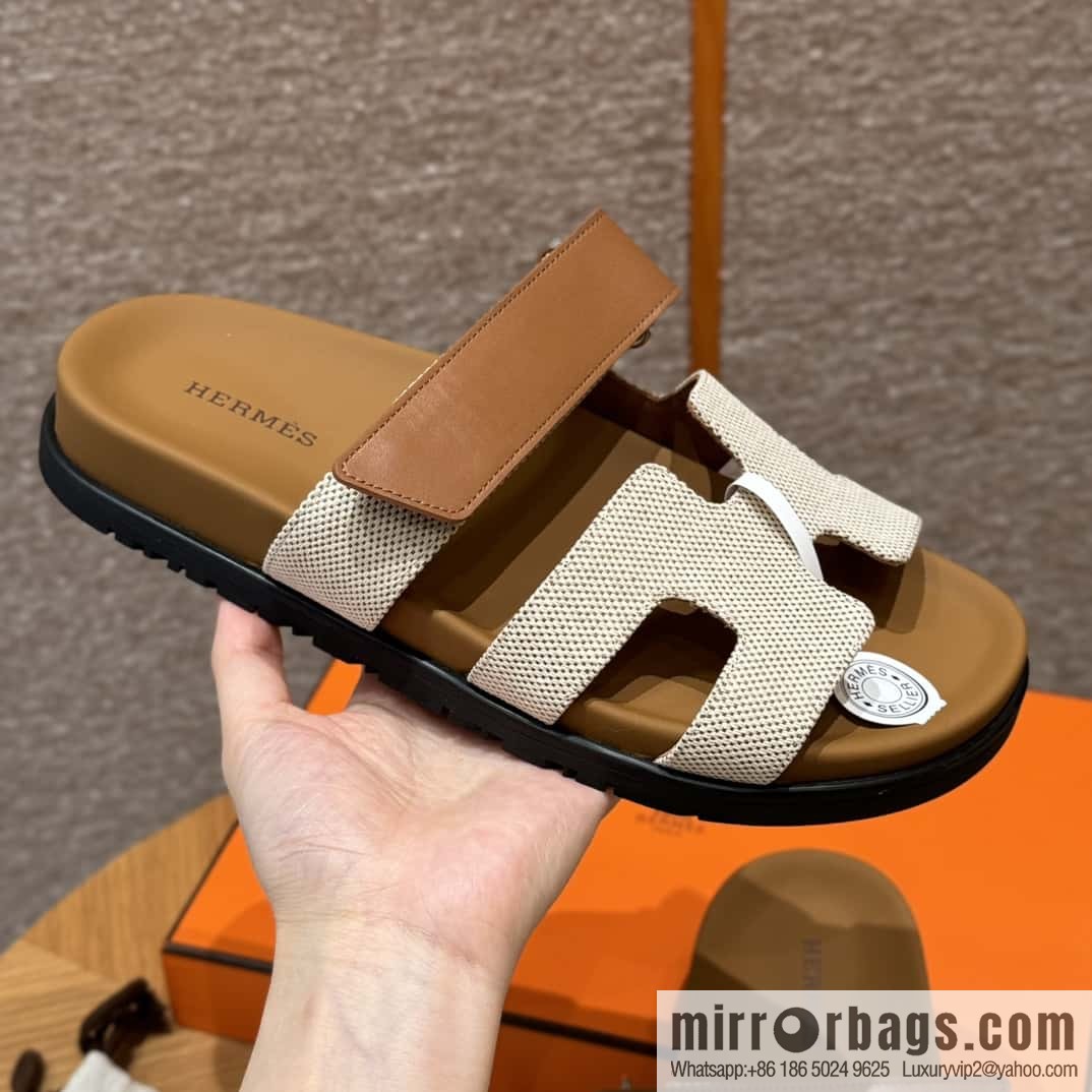 Hermès 225 CHYPRE SANDAL uncle shoes, brown patchwork/Ck37/gold/Cloth plain weave/Cloth/swift