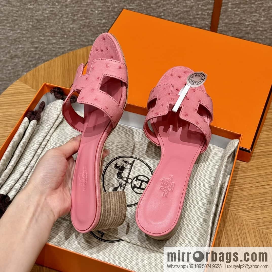 Hermès 185 Oasis High Heel Sandals, Bubble Powder/L4/Bubble gum Ostrich 🐦/Ostrich