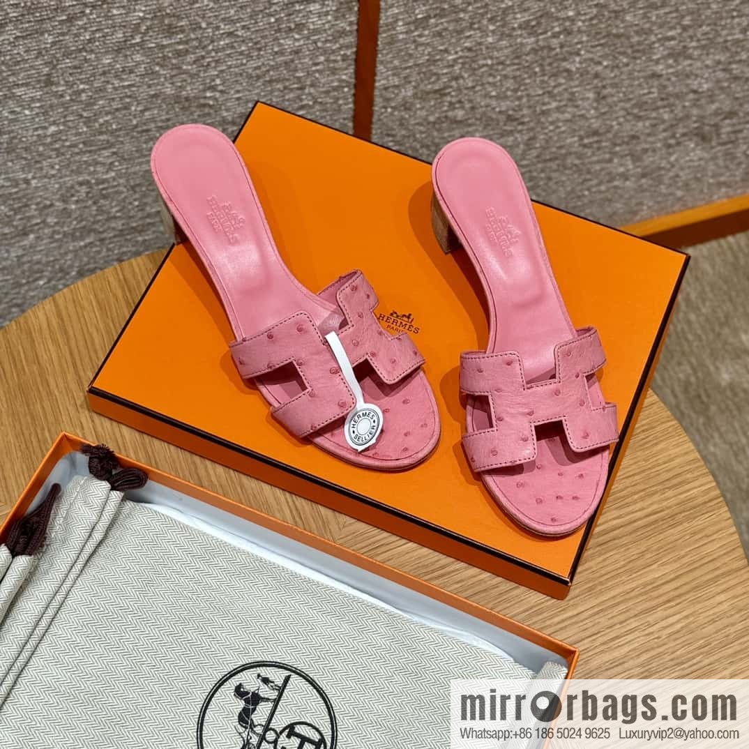Hermès 185 Oasis High Heel Sandals, Bubble Powder/L4/Bubble gum Ostrich 🐦/Ostrich