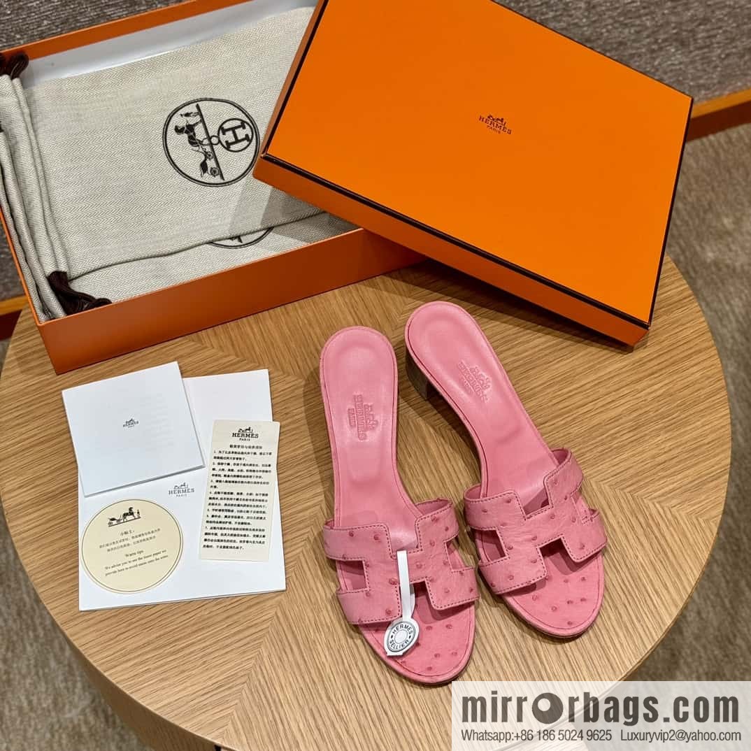 Hermès 185 Oasis High Heel Sandals, Bubble Powder/L4/Bubble gum Ostrich 🐦/Ostrich