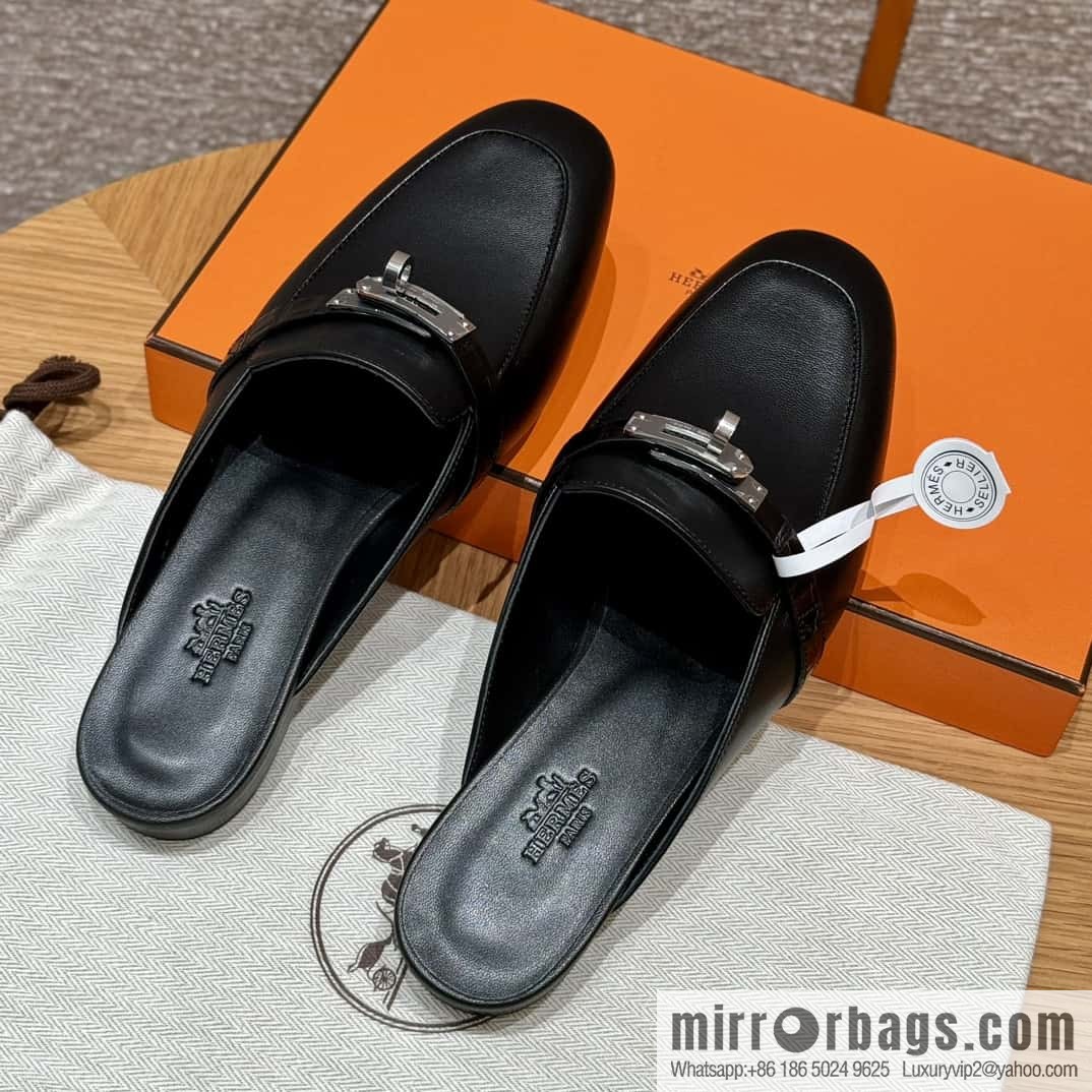 Hermès 188 OZ mule shoes half drag, black/ck89/noir goatskin/alligator/goatskin/Alligator
