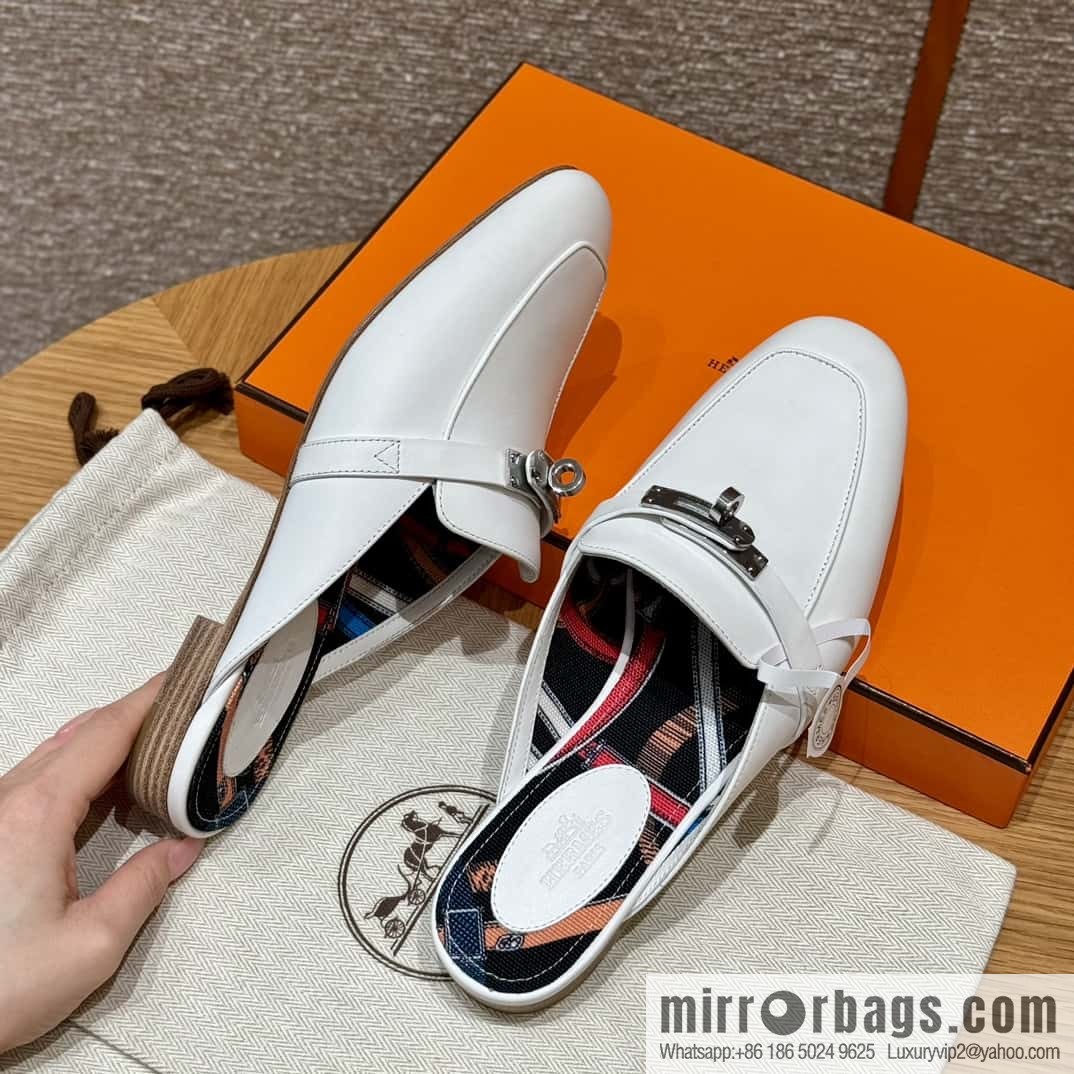 Hermès 188 OZ mules half trailers, pure white/01/Blanc goatskin/goatskin