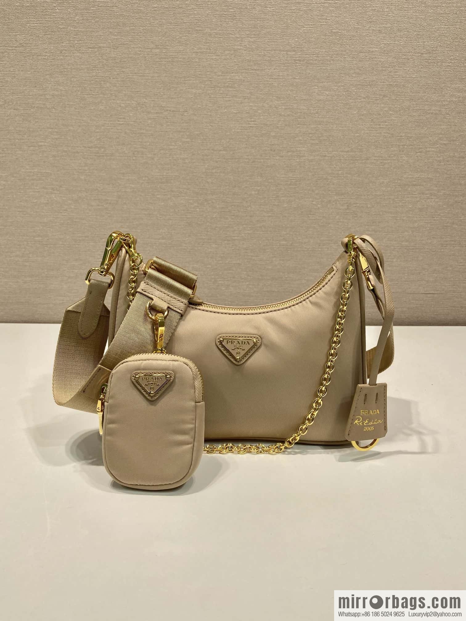 PRADA nylon Hobo hand carry/armpit bag 1BH204 apricot/gold hardware
