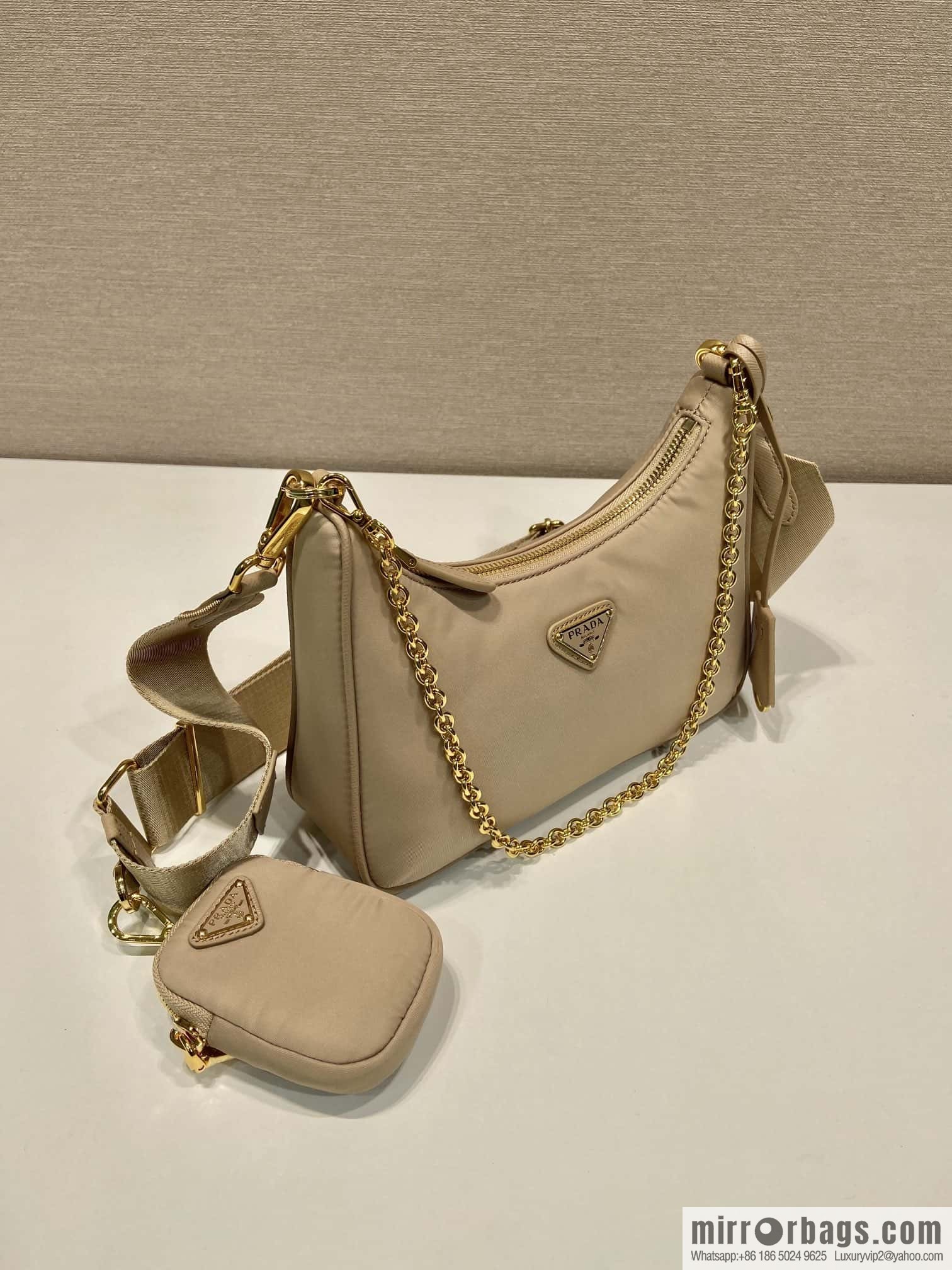 PRADA nylon Hobo hand carry/armpit bag 1BH204 apricot/gold hardware