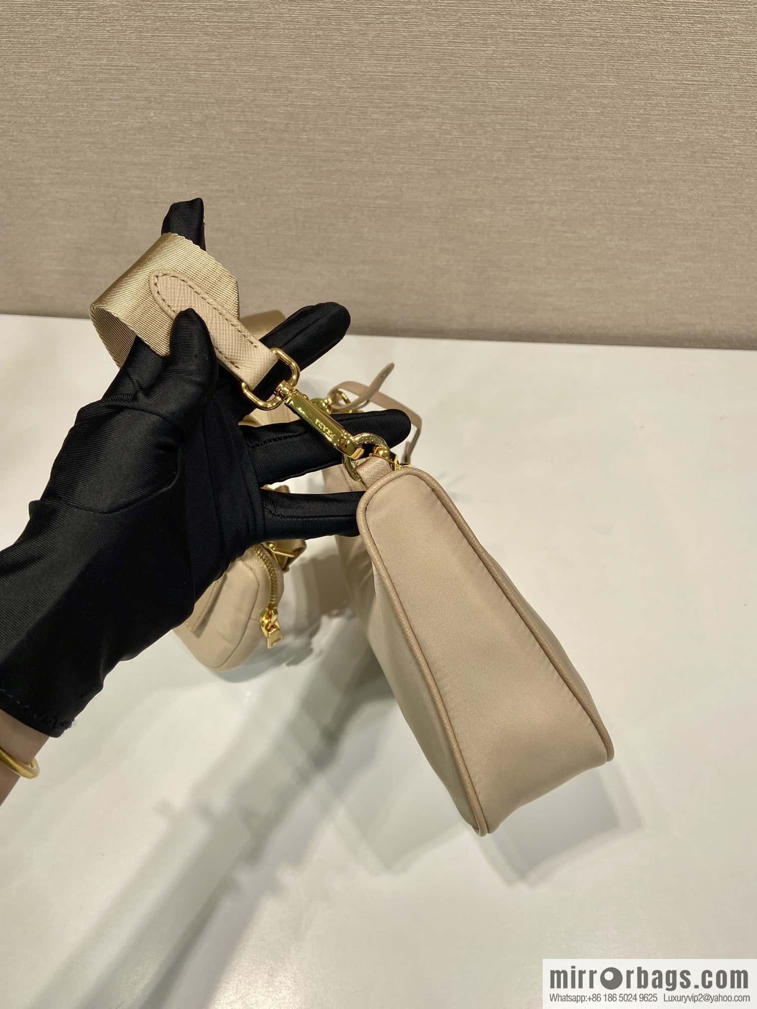 PRADA nylon Hobo hand carry/armpit bag 1BH204 apricot/gold hardware