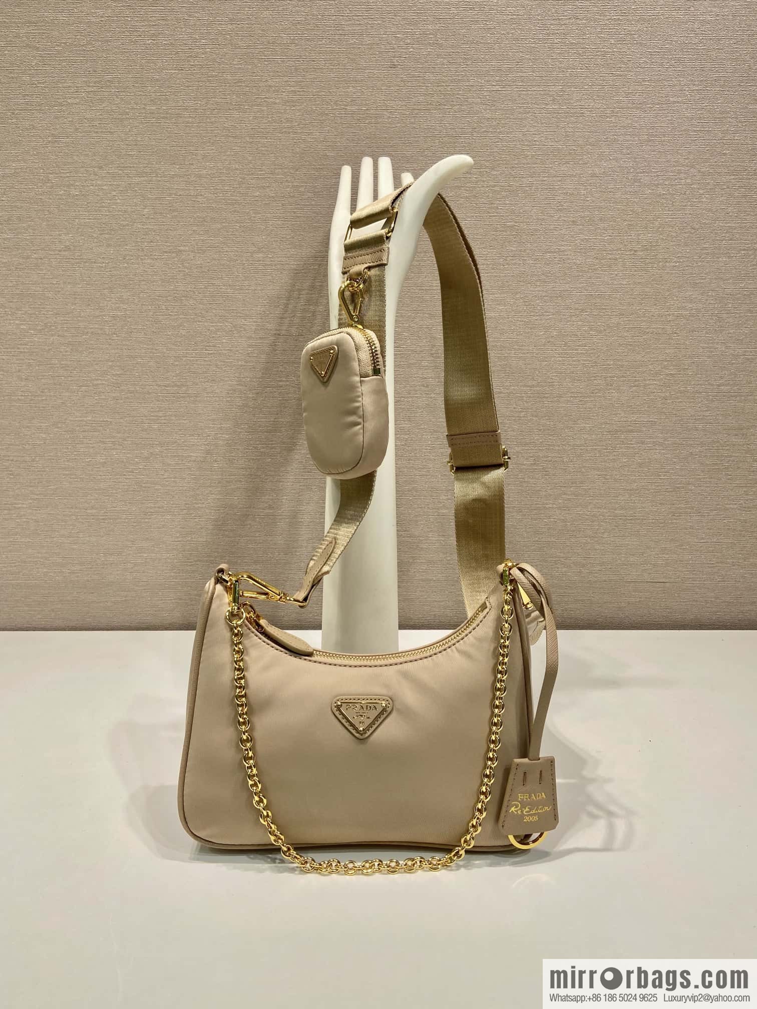 PRADA nylon Hobo hand carry/armpit bag 1BH204 apricot/gold hardware