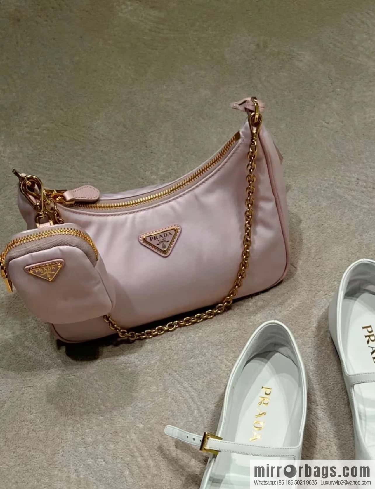 PRADA nylon Hobo tote/armpit bag 1BH204 pink/gold hardware