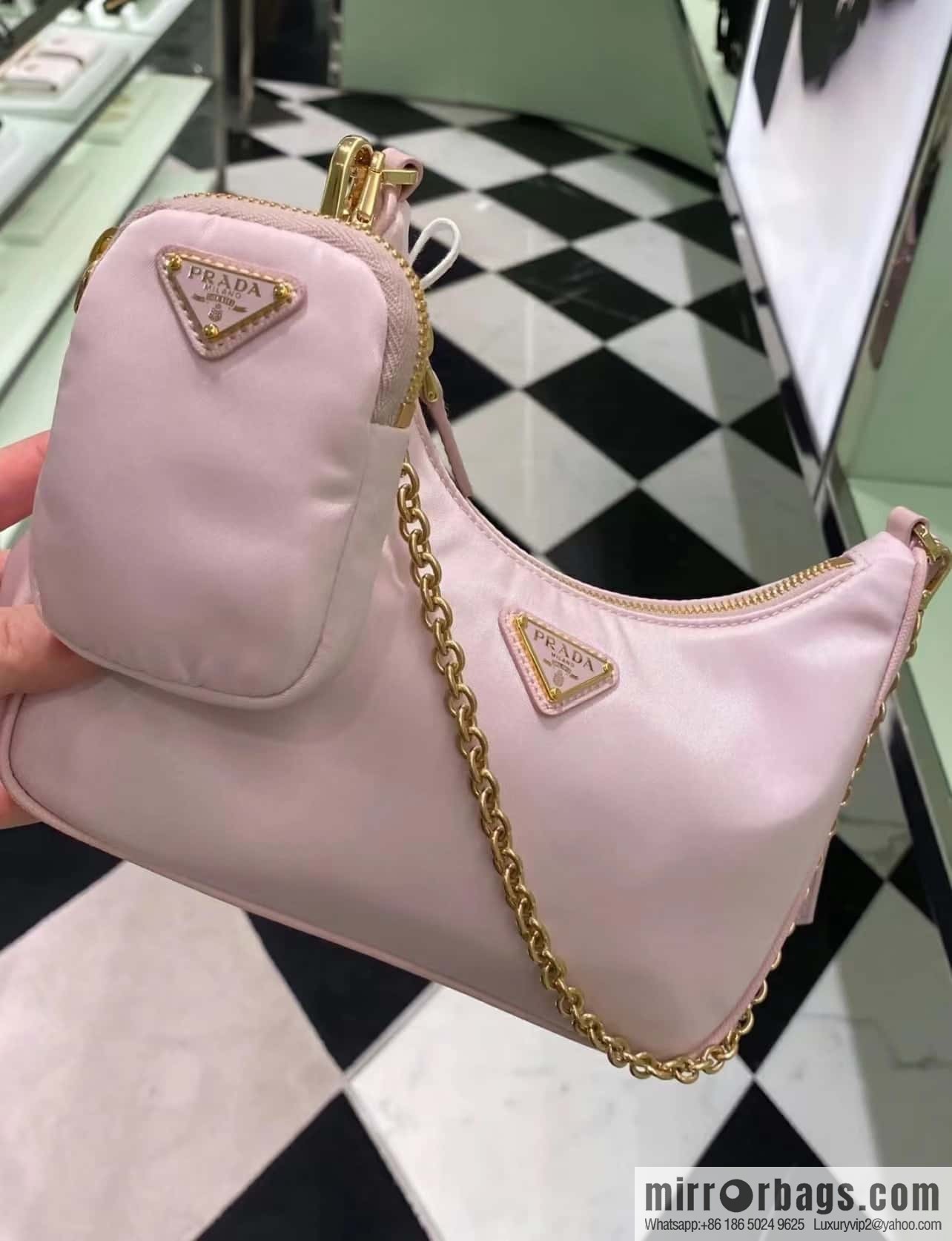 PRADA nylon Hobo tote/armpit bag 1BH204 pink/gold hardware