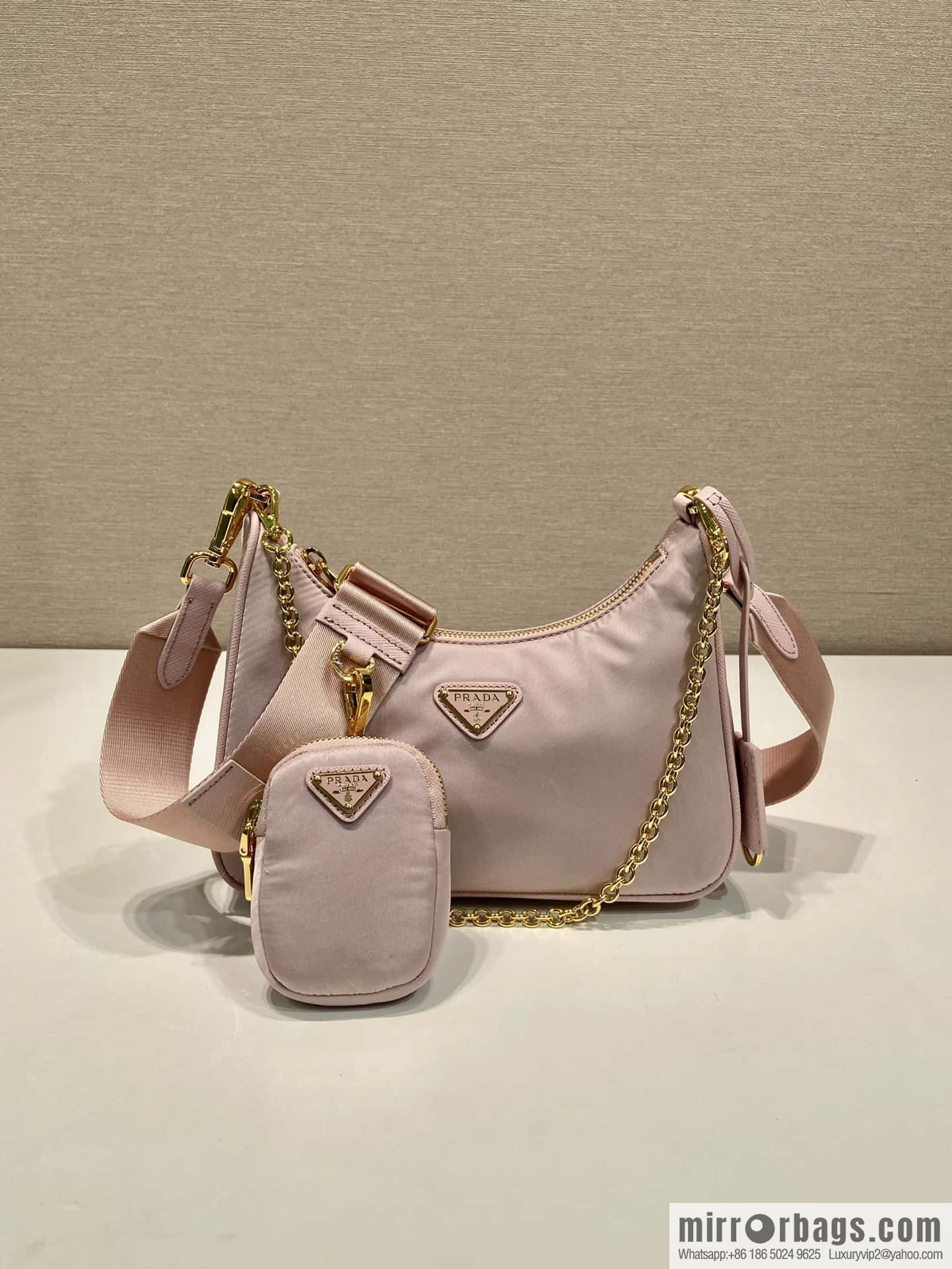 PRADA nylon Hobo tote/armpit bag 1BH204 pink/gold hardware
