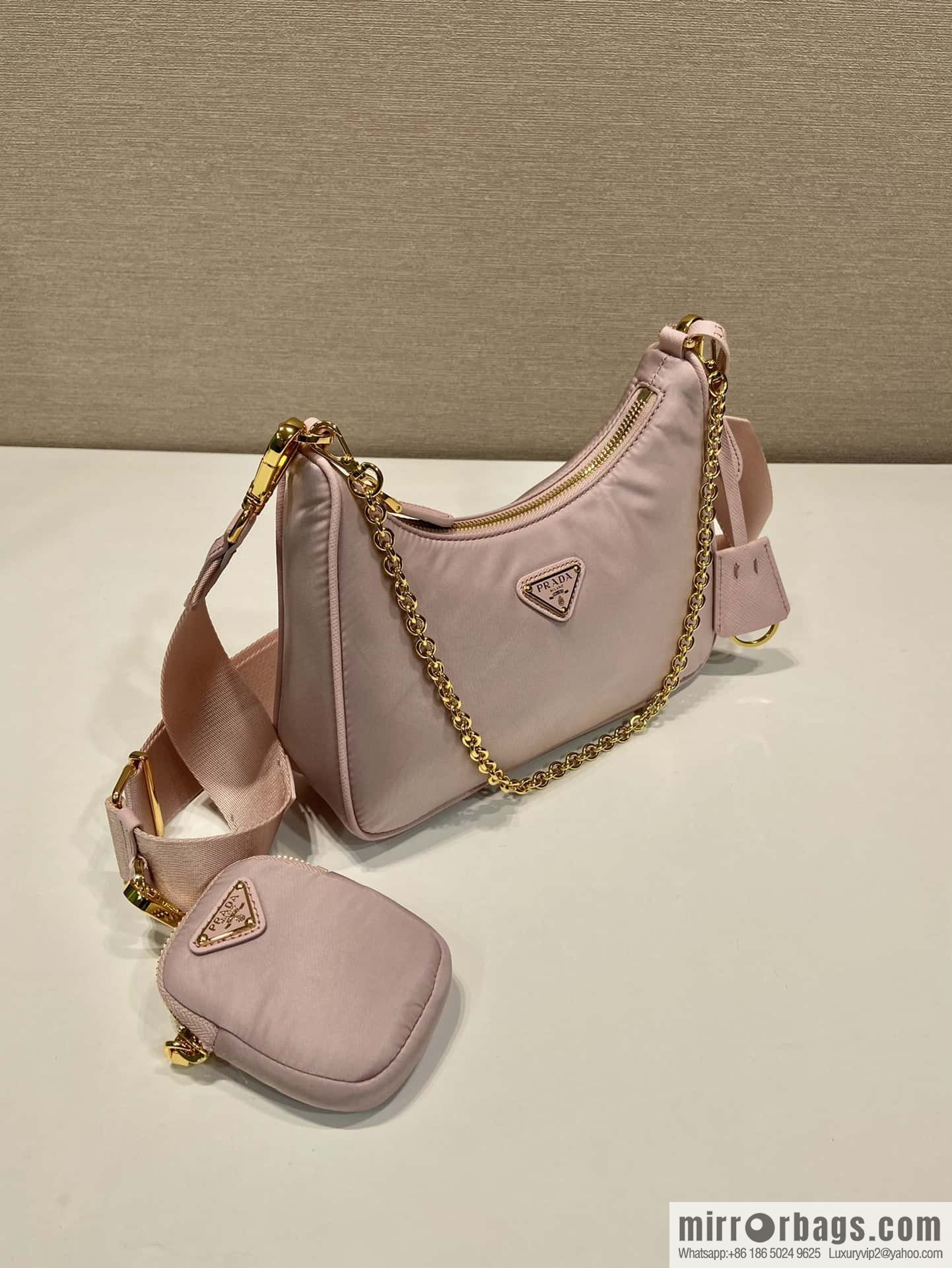 PRADA nylon Hobo tote/armpit bag 1BH204 pink/gold hardware