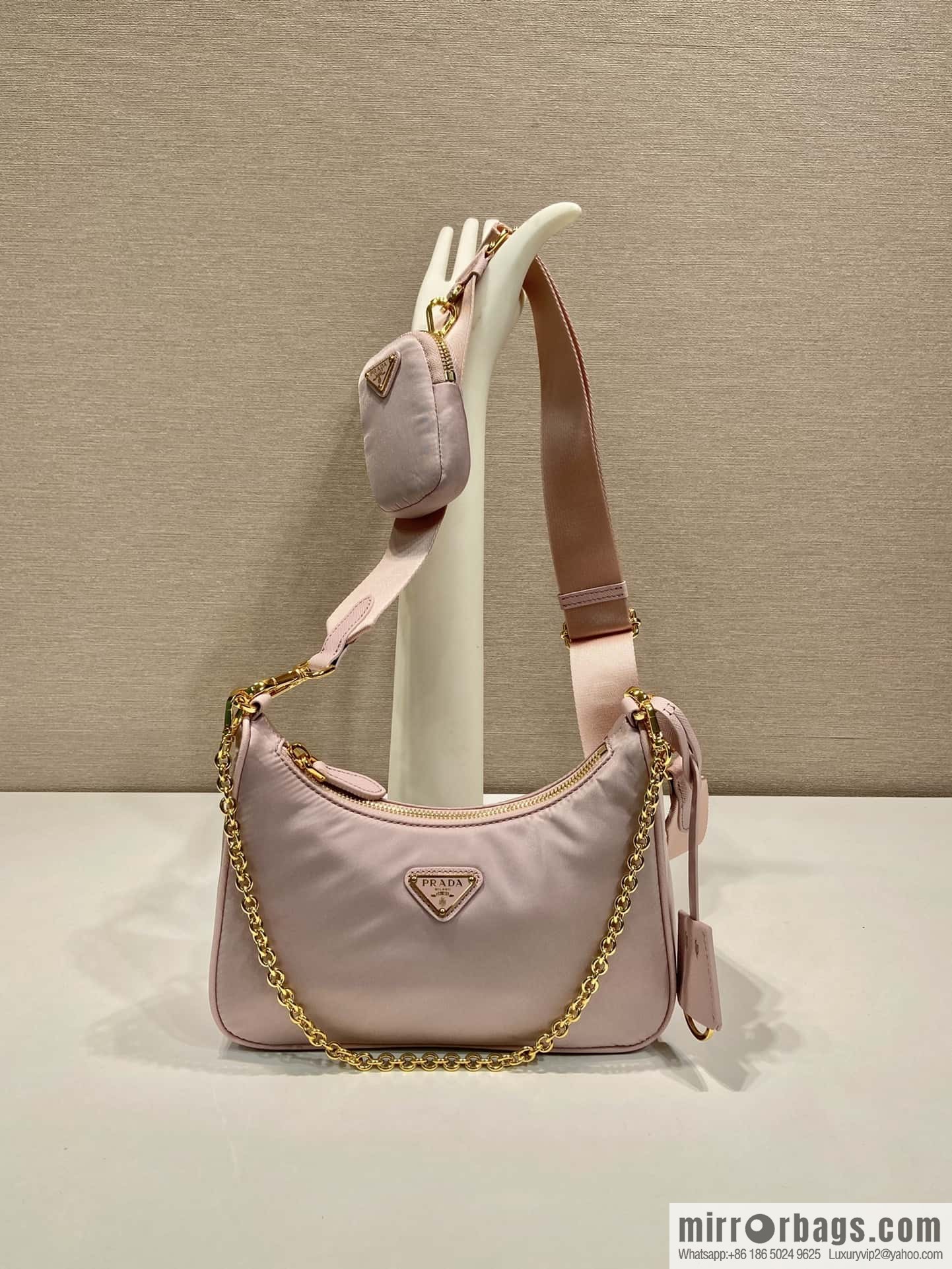 PRADA nylon Hobo tote/armpit bag 1BH204 pink/gold hardware