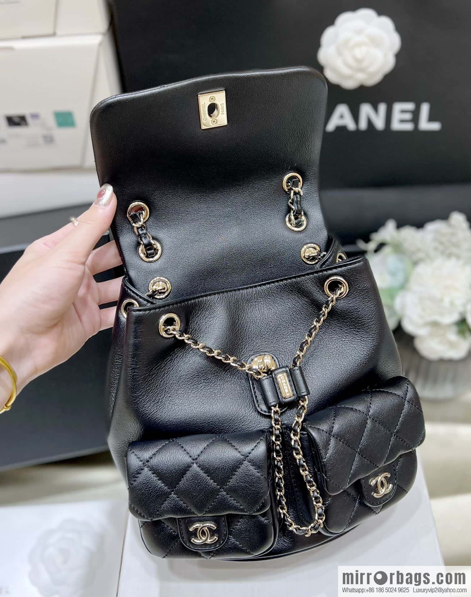 CHANEL 23P super hot frog double backpack AS3860 plain weave black