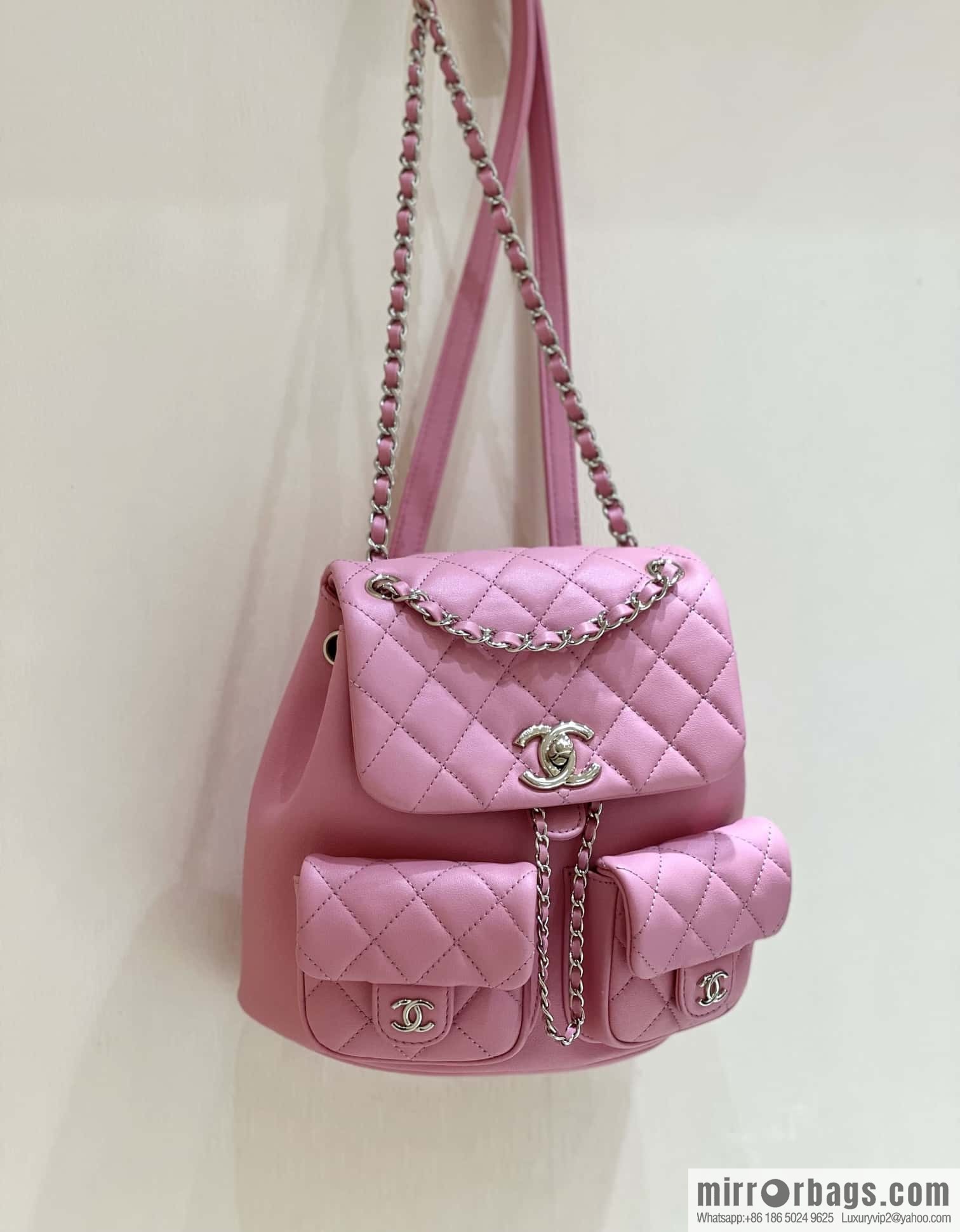 CHANEL 23P super hot frog double backpack AS3860 plain weave pink