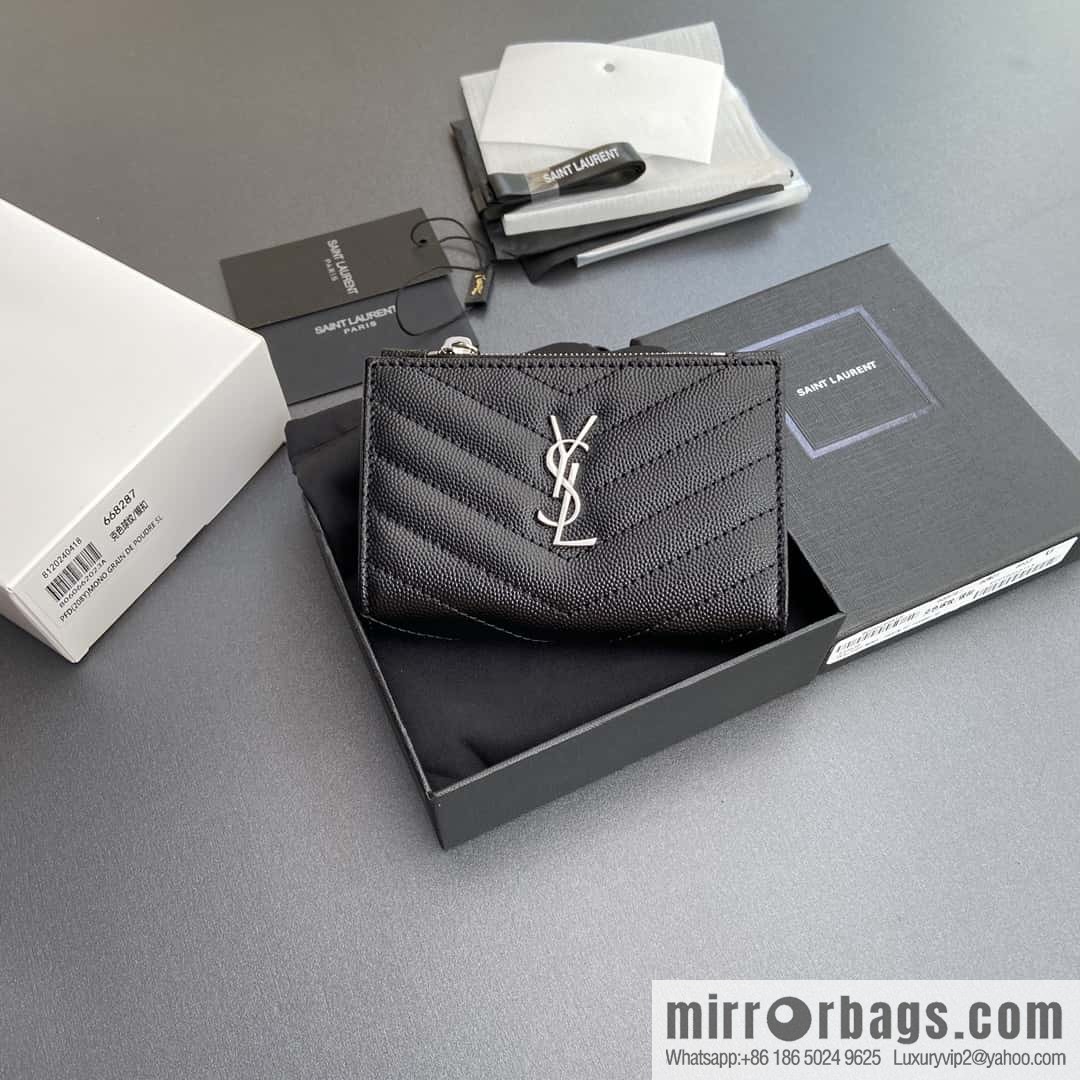 SAINT LAURENT YSL MATELASSE grain embossed leather (fabric) zipper double fold wallet 668287
