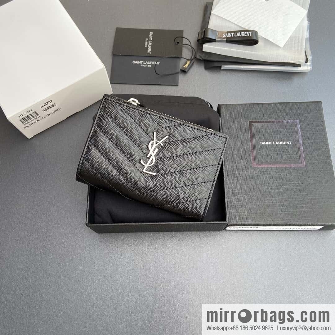 SAINT LAURENT YSL MATELASSE grain embossed leather (fabric) zipper double fold wallet 668287