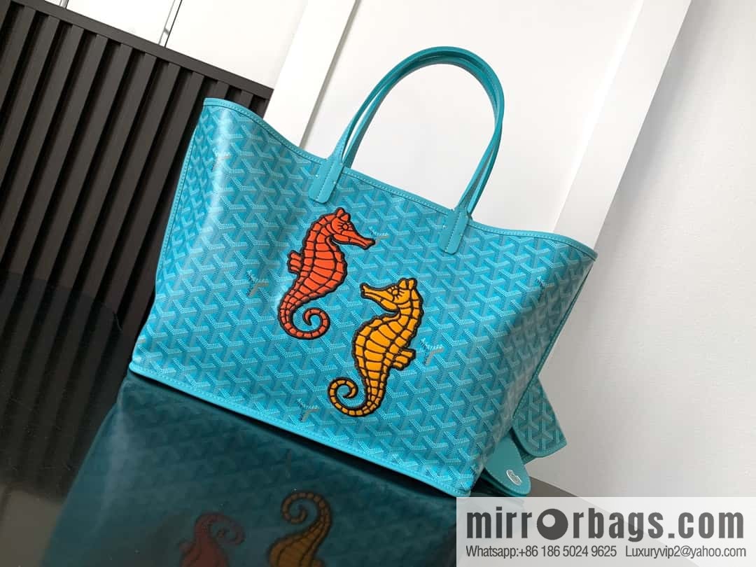Goyard Goya Anjou Small Bag Goyardine canvas 020166M Seahorse Embroidery - Turquoise Blue Tote Bag shopping bag