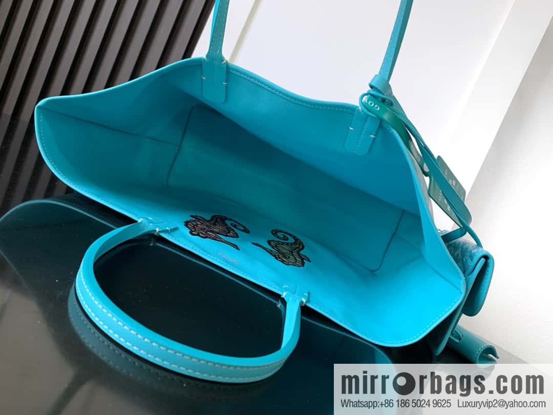 Goyard Goya Anjou Small Bag Goyardine canvas 020166M Seahorse Embroidery - Turquoise Blue Tote Bag shopping bag