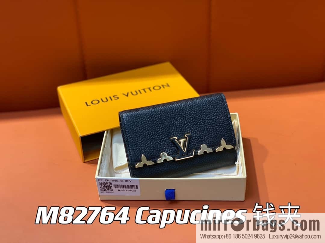 [Boutique‑grade] M82764 black full leather tri-fold wallet series Capucines wallet M82764 82835 white (floral)